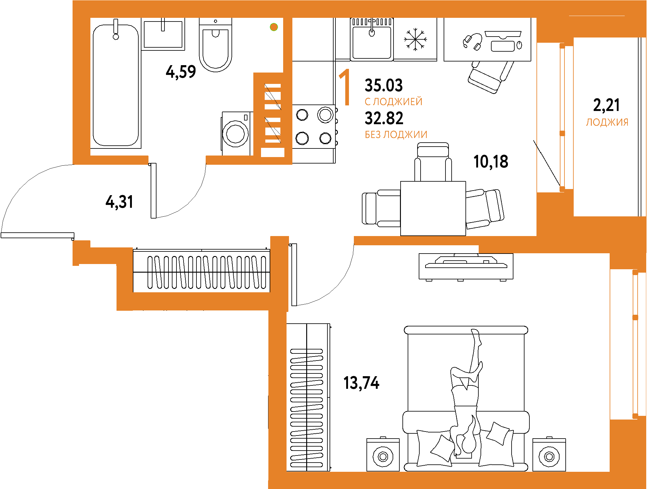 Планировка: 1-комнатная 35,03 м² в ЖК «Авторский»
