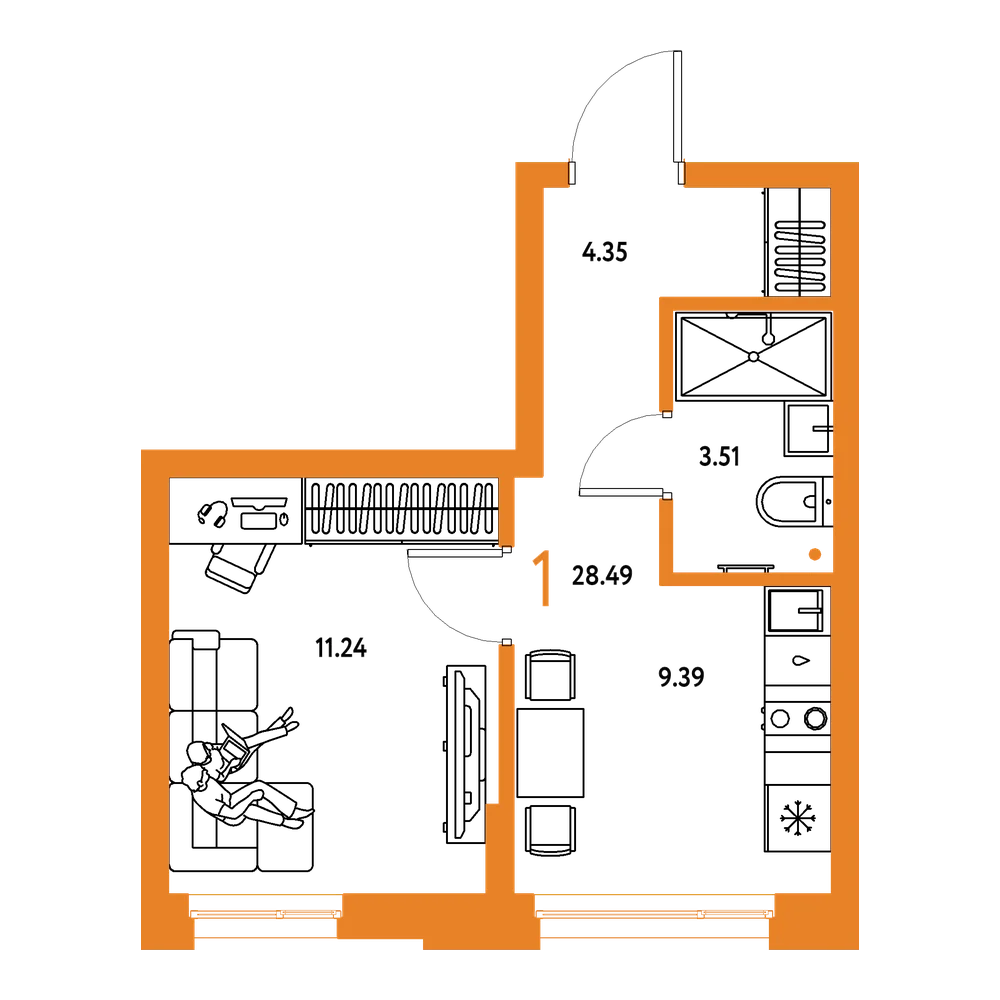 Планировка: 1-комнатная 28,49 м²