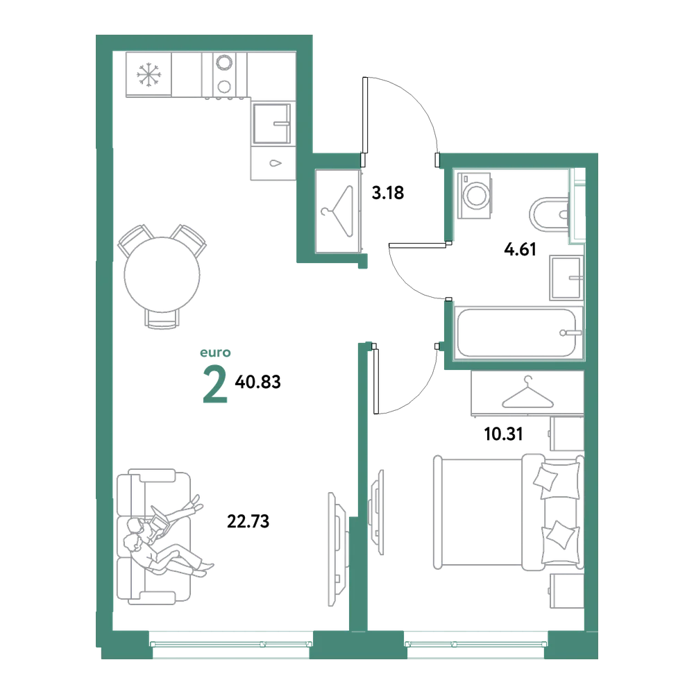 Планировка: Евродвушка 40,83 м²