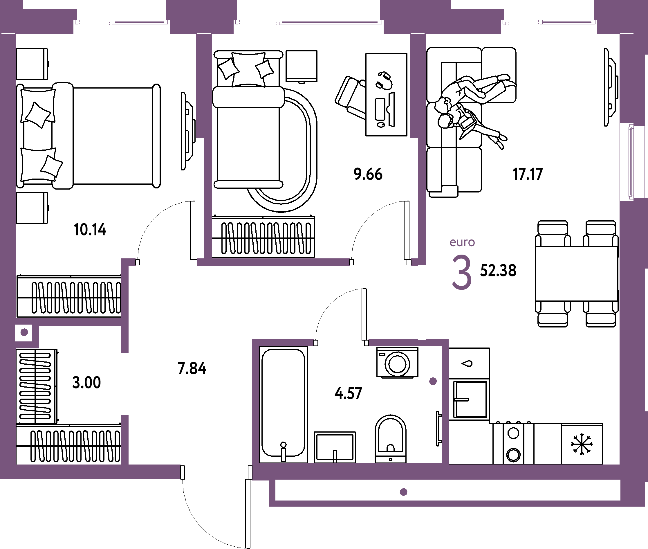 Планировка: Евротрёшка 52,38 м² в ЖК «Домашний»