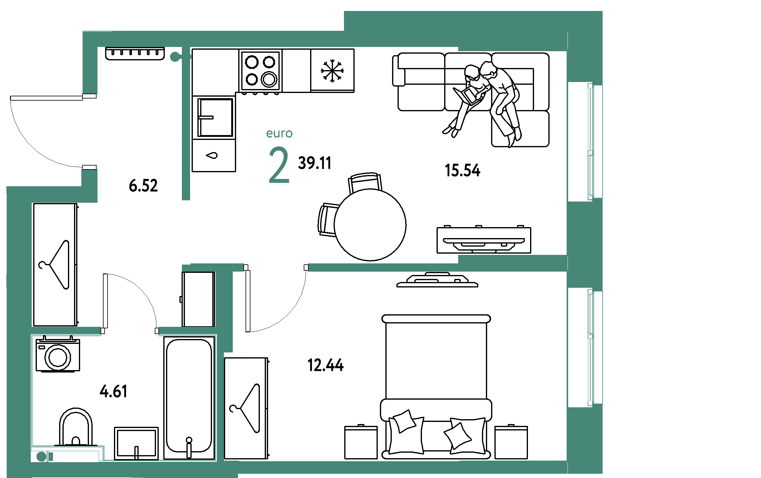 Планировка: Евродвушка 39,11 м² в ЖК «Европейский берег 2.0»