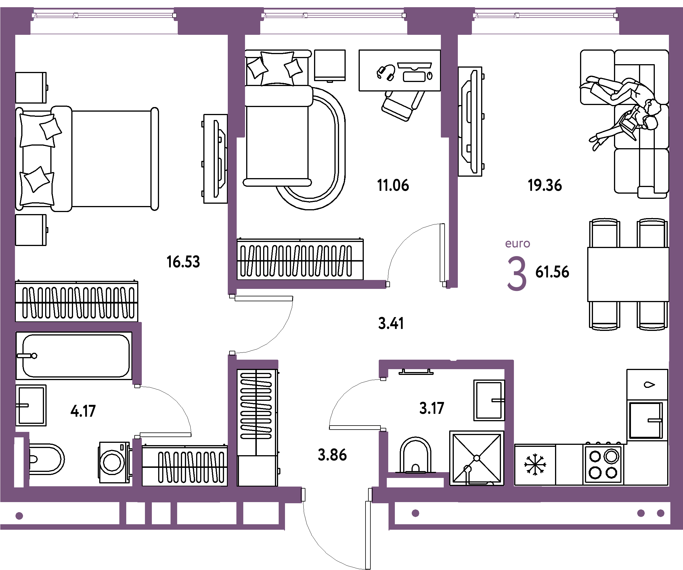Планировка: Евротрёшка 61,56 м² в ЖК «Страна.Прибрежная»