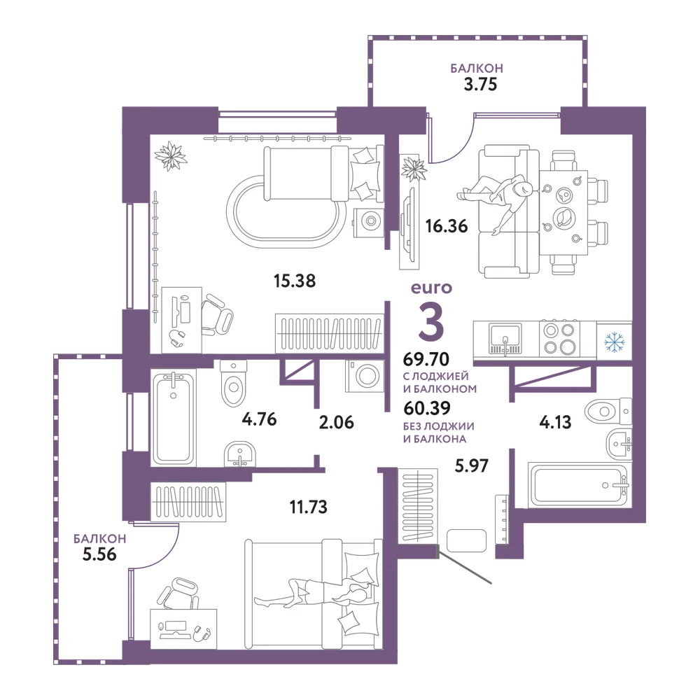 Планировка: Евротрёшка 69,7 м²
