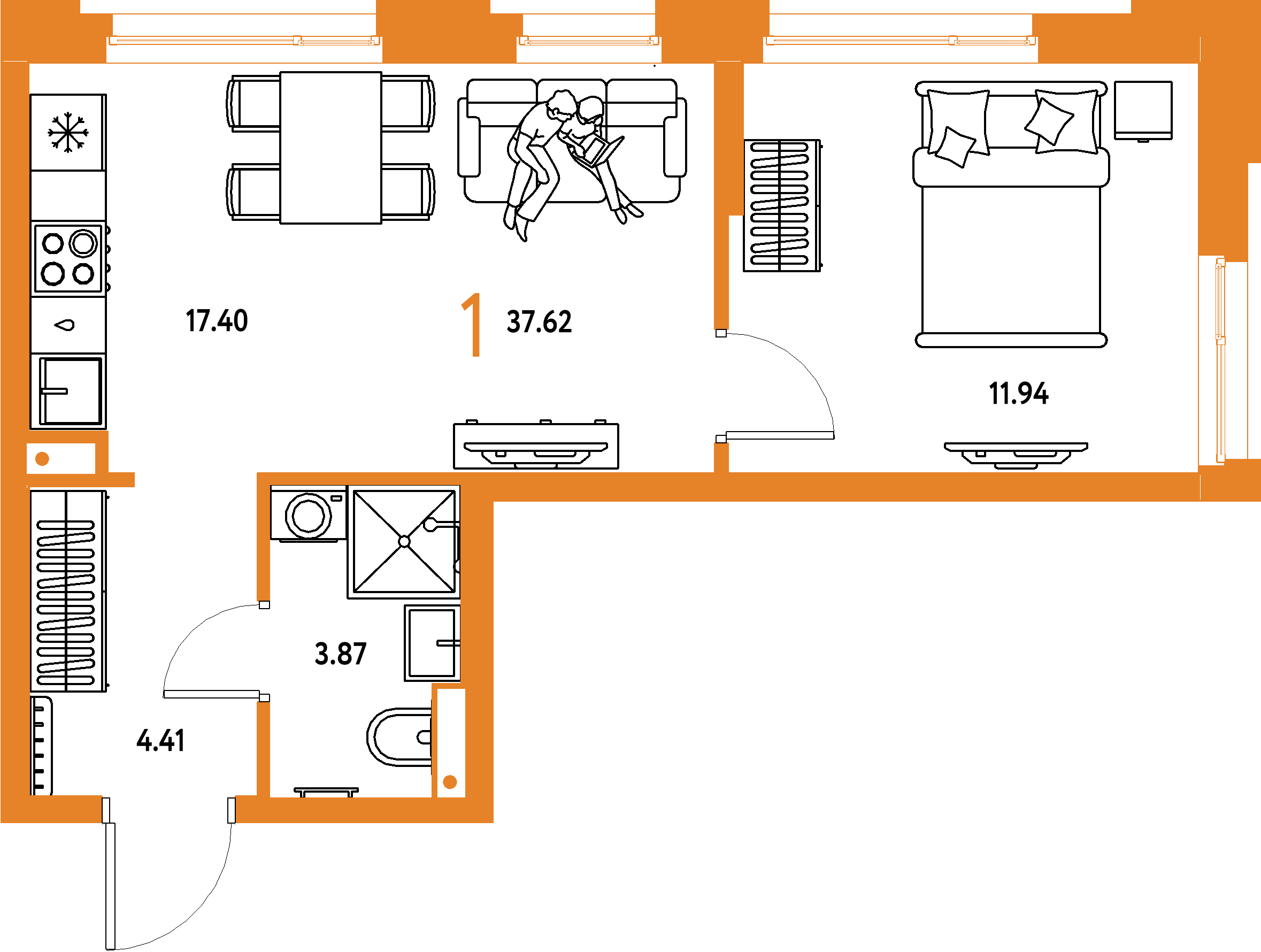 Планировка: 1-комнатная 37,62 м² в ЖК «Авторский»