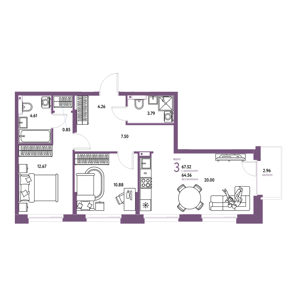 Планировка: Евротрёшка 67,24 м²