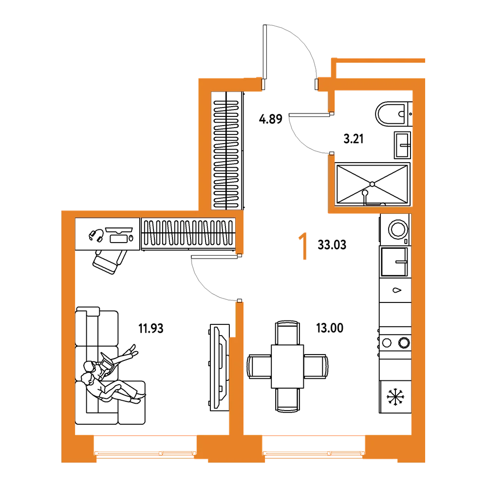 Планировка: 1-комнатная 33,03 м²