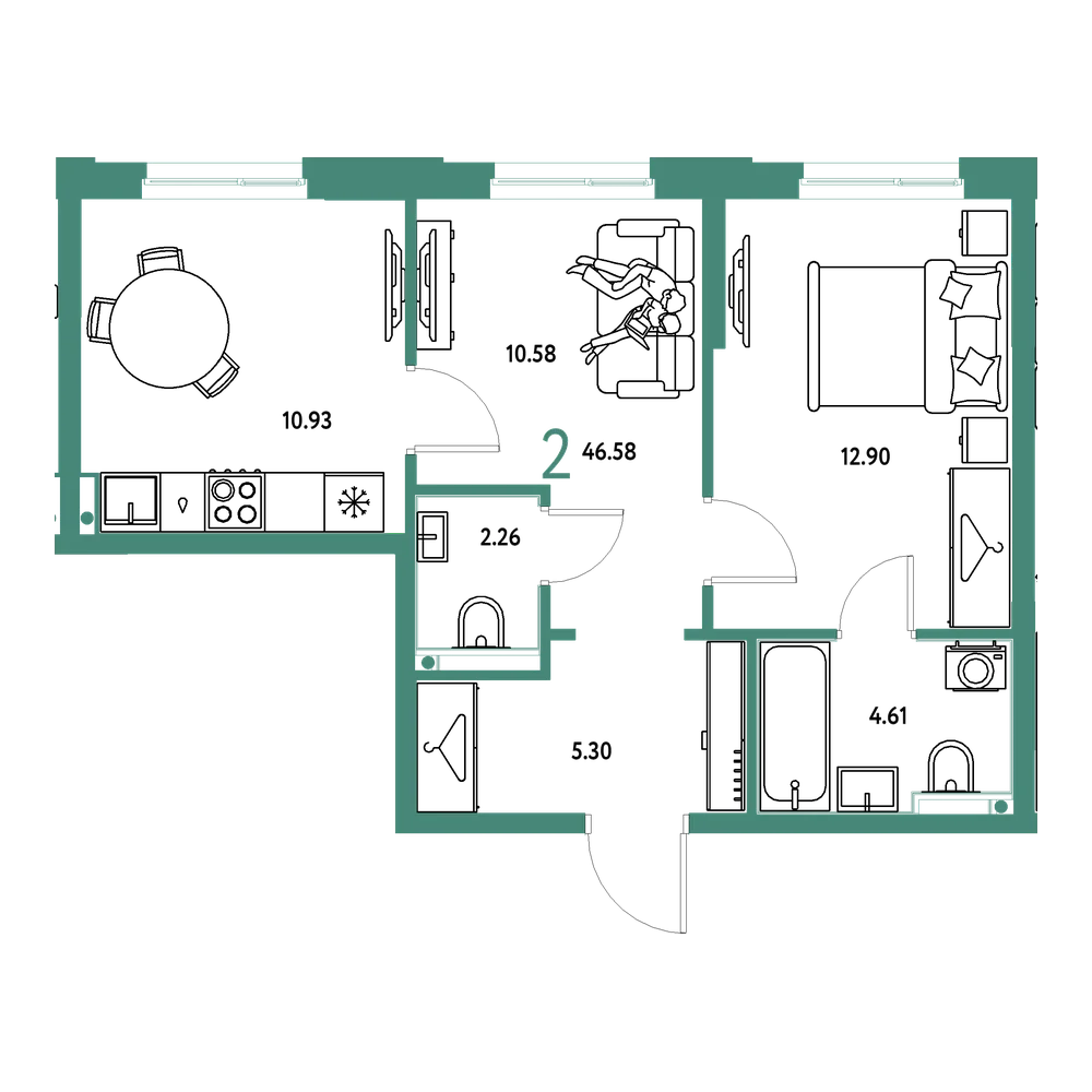 Планировка: 2-комнатная 46,58 м²
