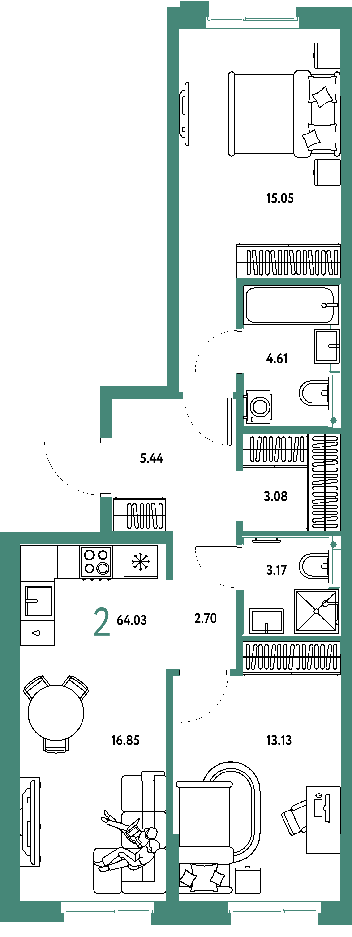 Планировка: 2-комнатная 64,03 м² в ЖК «Домашний»