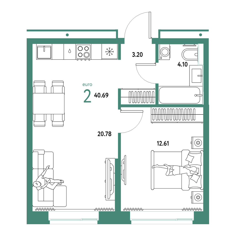 Планировка: Евродвушка 40,69 м²