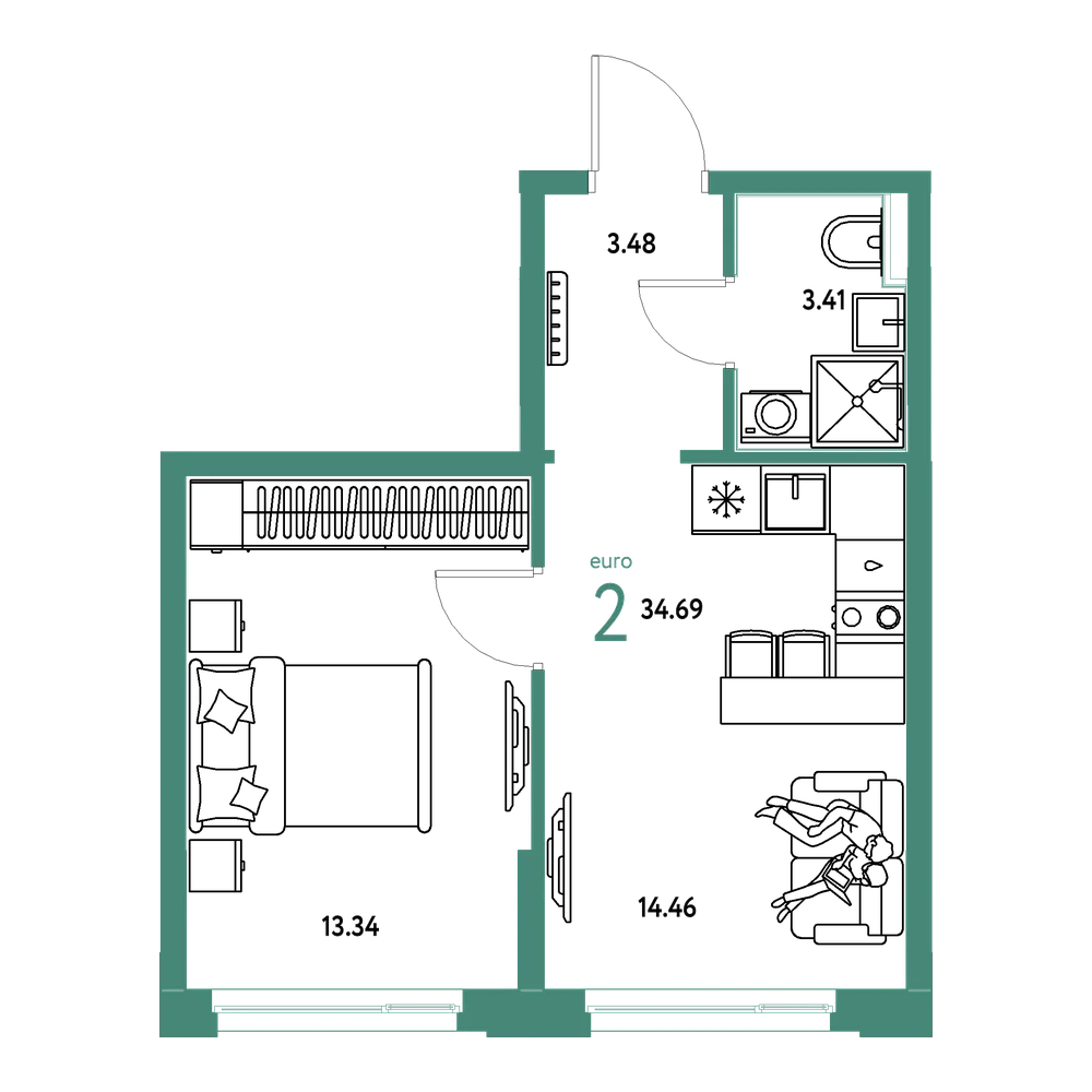 Планировка: Евродвушка 34,69 м²