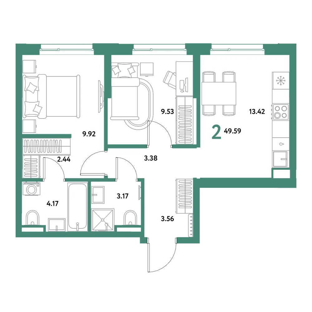 Планировка: 2-комнатная 49,59 м²