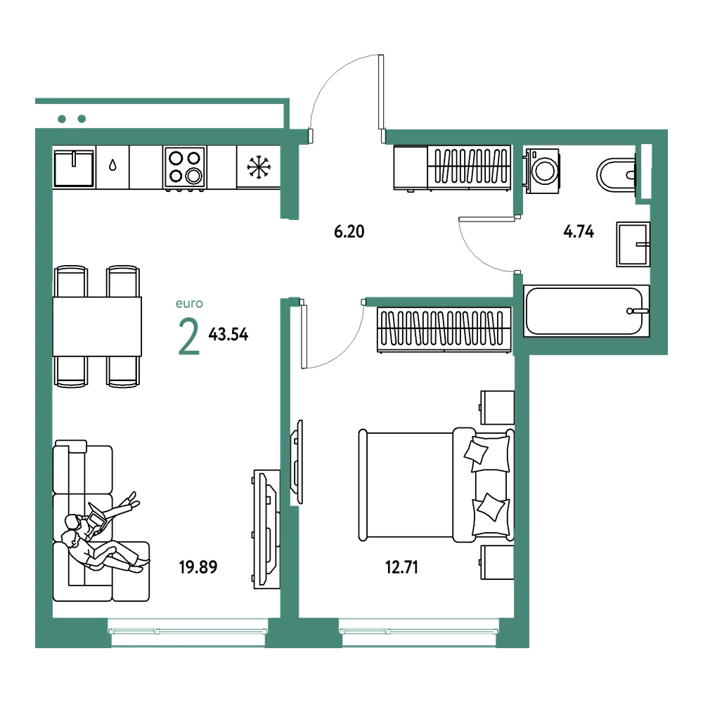 Планировка: Евродвушка 43,54 м²