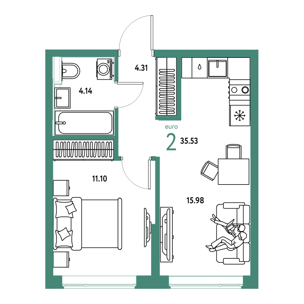 Планировка: Евродвушка 35,53 м²
