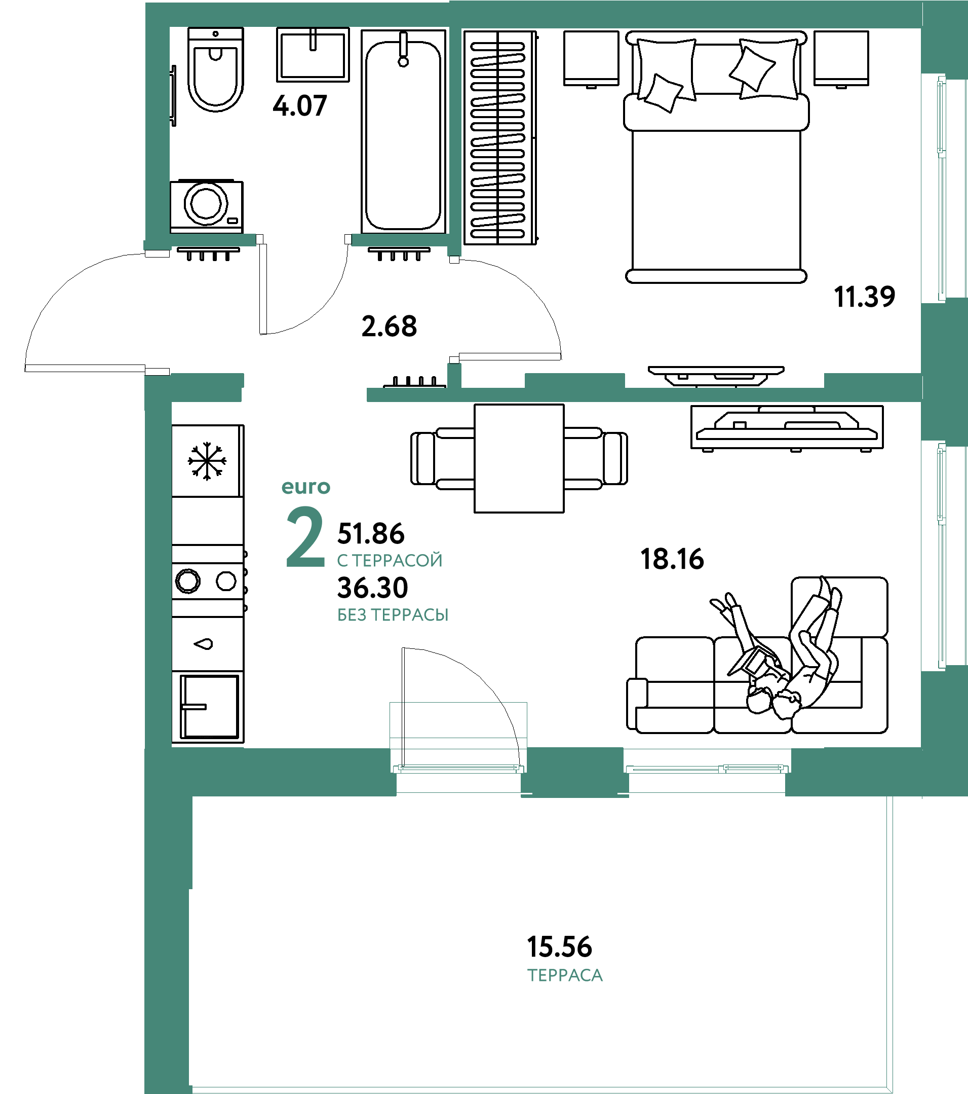 Планировка: Евродвушка 51,86 м² в ЖК «Европейский берег 2.0»