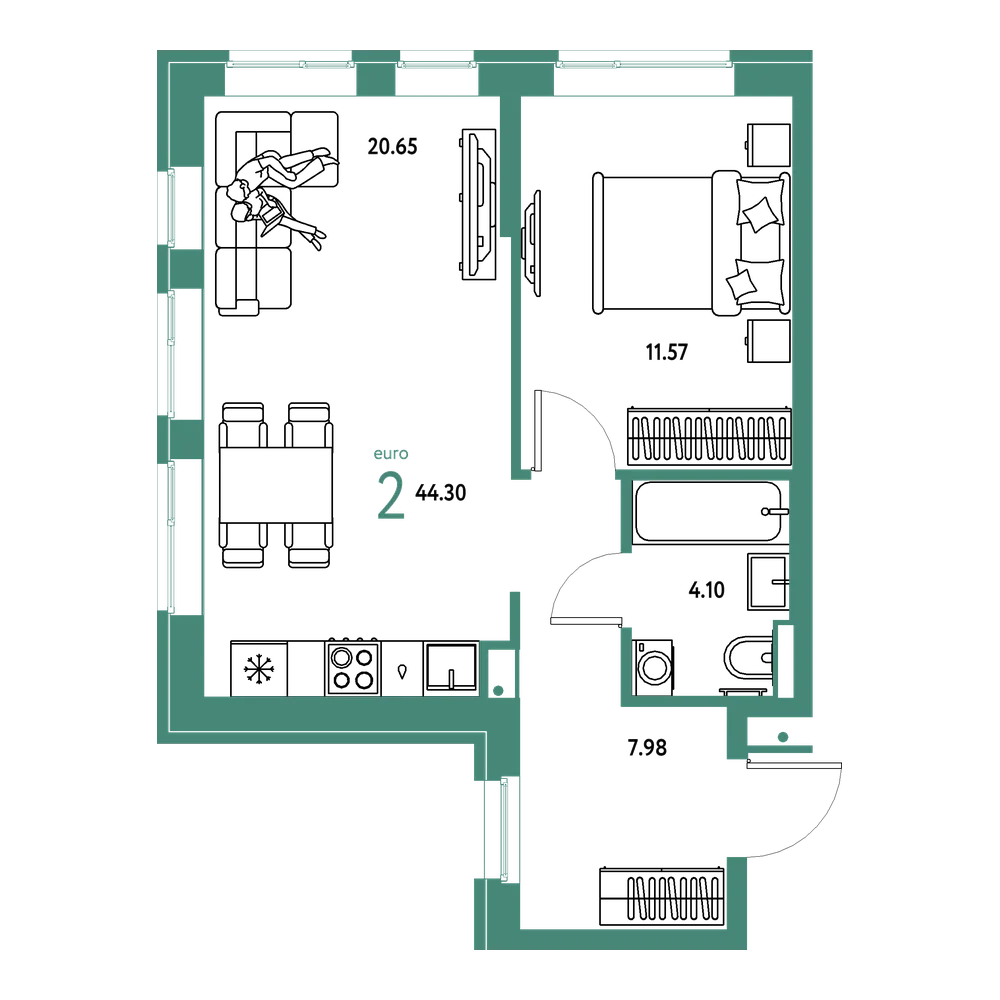 Планировка: Евродвушка 44,3 м²