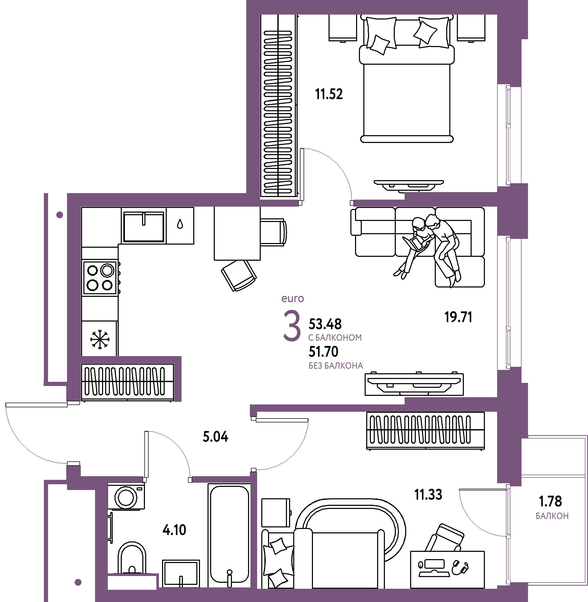 Планировка: Евротрёшка 53,48 м² в ЖК «Авторский»