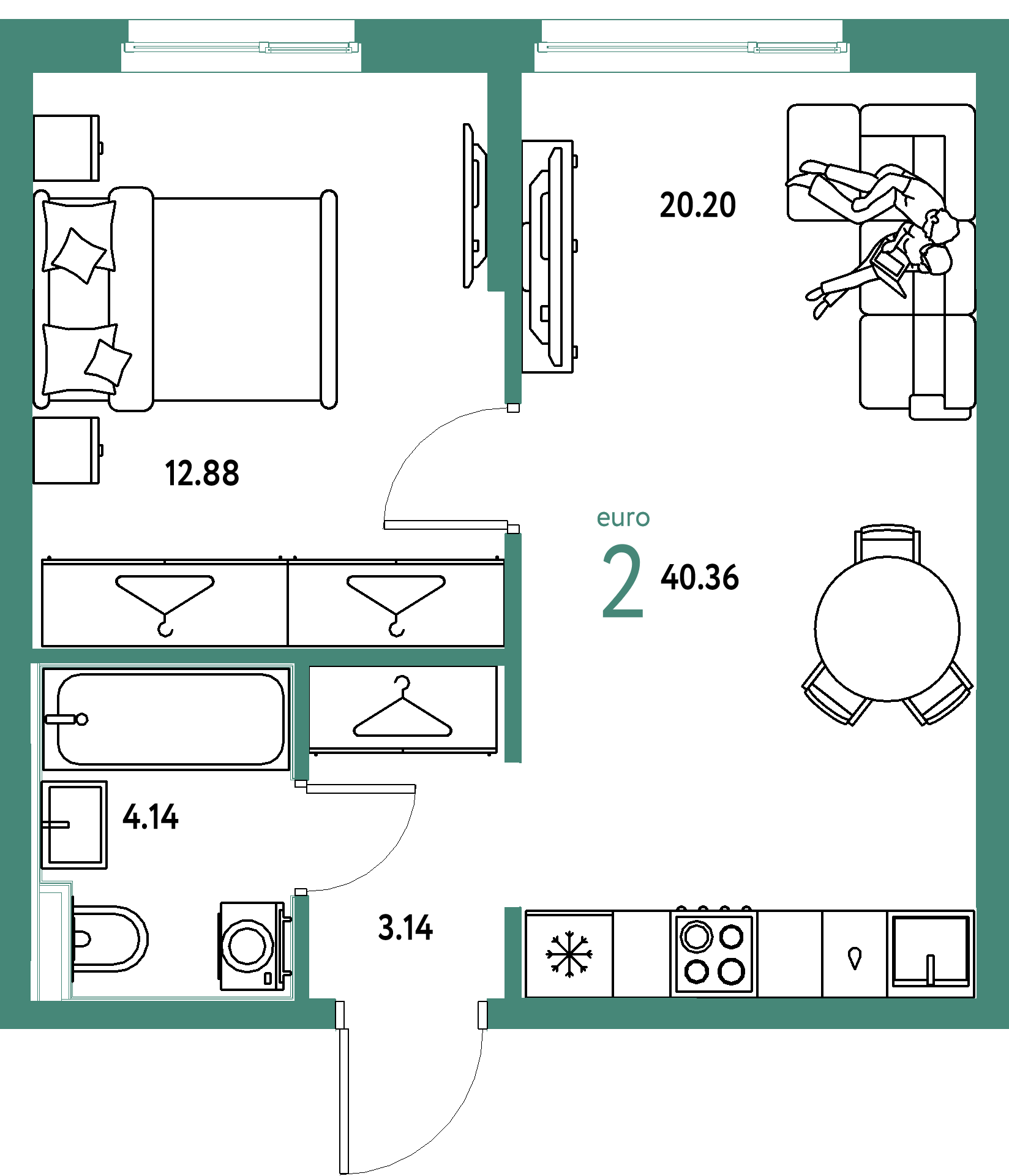 Планировка: Евродвушка 40,36 м² в ЖК «Европейский берег 2.0»