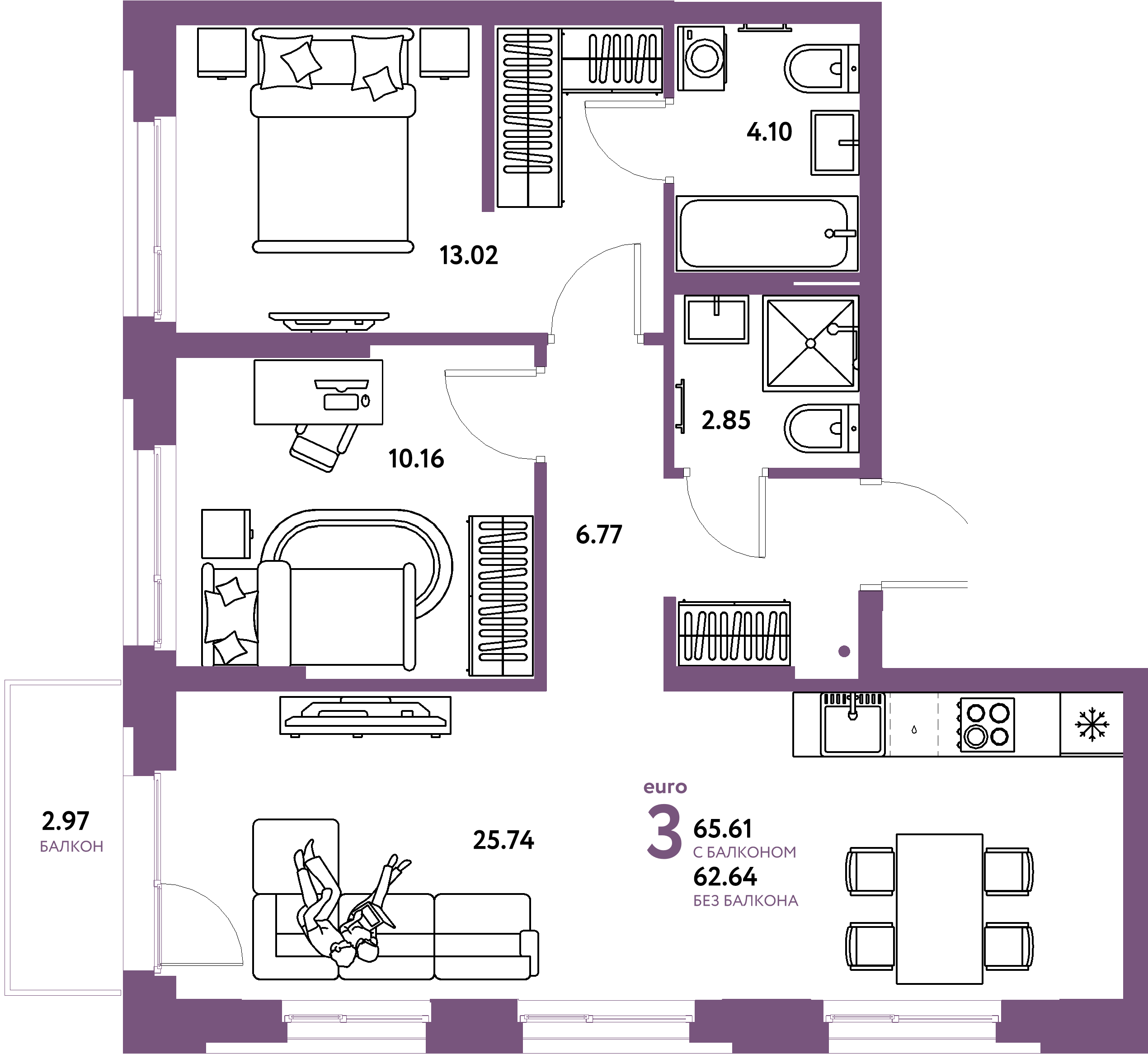 Планировка: Евротрёшка 65,61 м² в ЖК «Европейский берег 2.0»