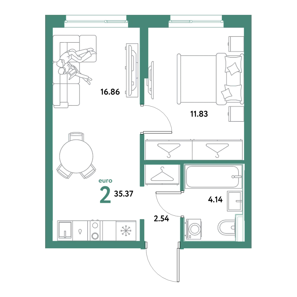 Планировка: Евродвушка 35,37 м²