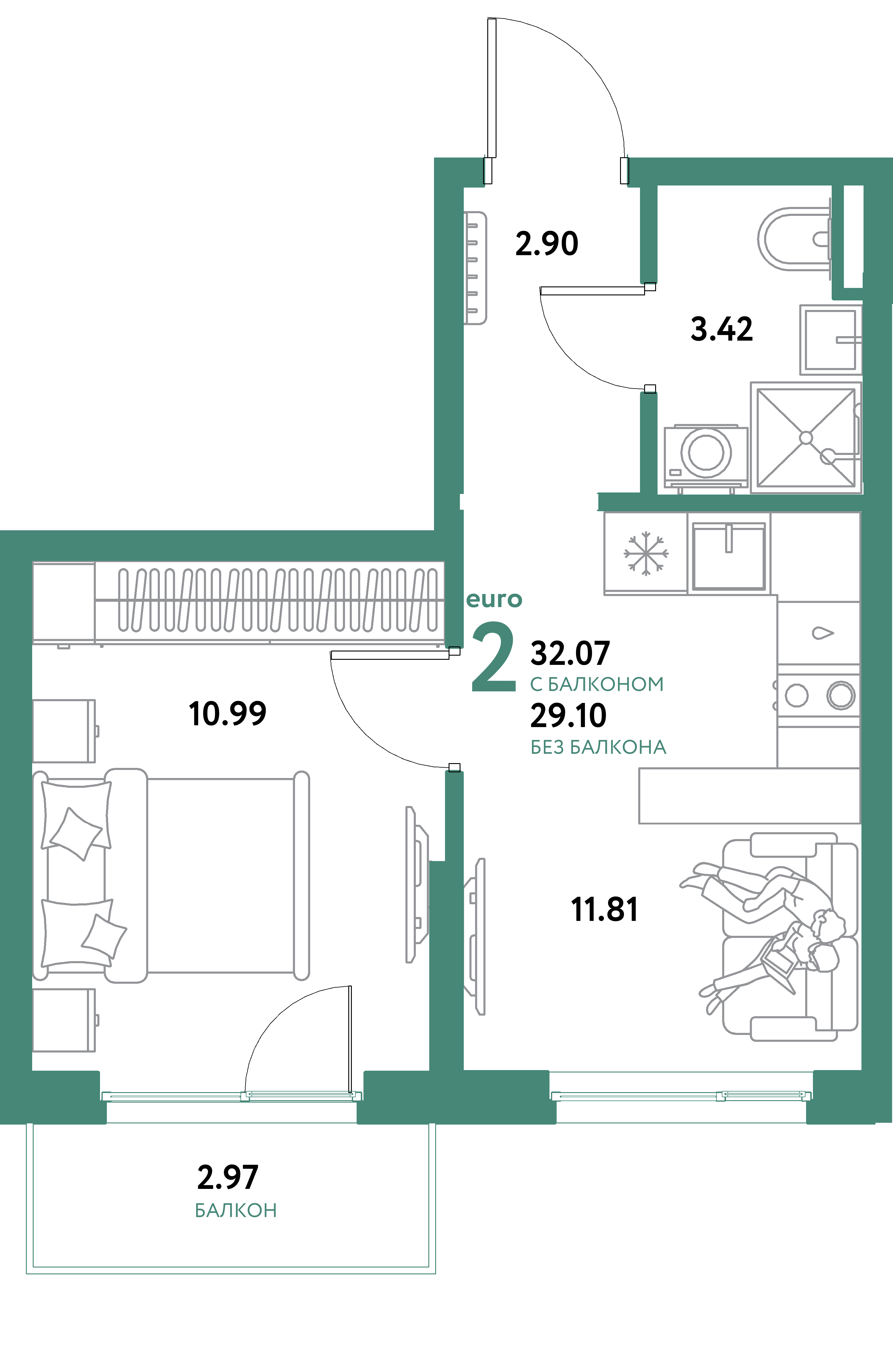 Планировка: Евродвушка 32,07 м² в ЖК «Остров-сад»