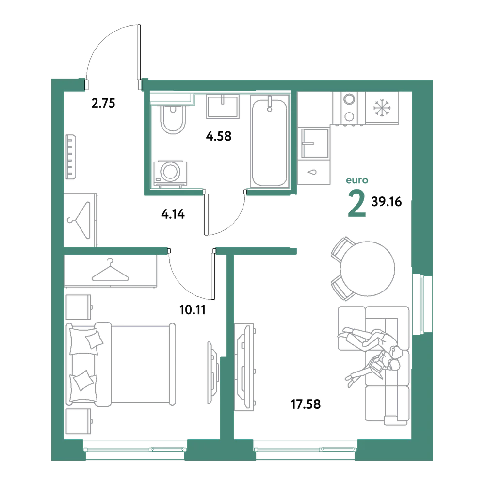 Планировка: Евродвушка 39,16 м²