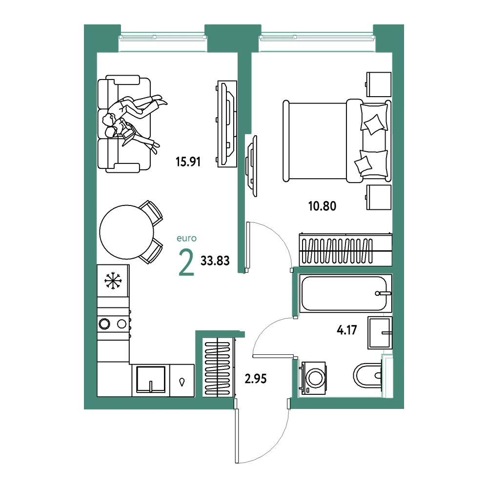 Планировка: Евродвушка 33,83 м²