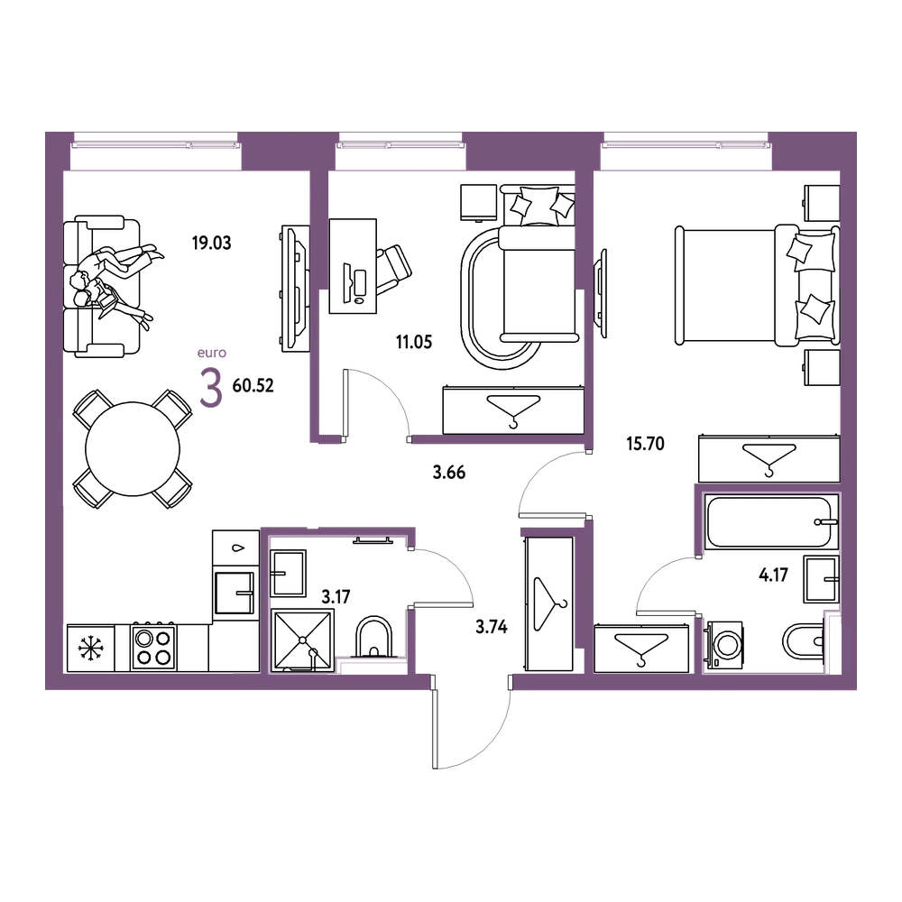 Планировка: Евротрёшка 60,52 м²