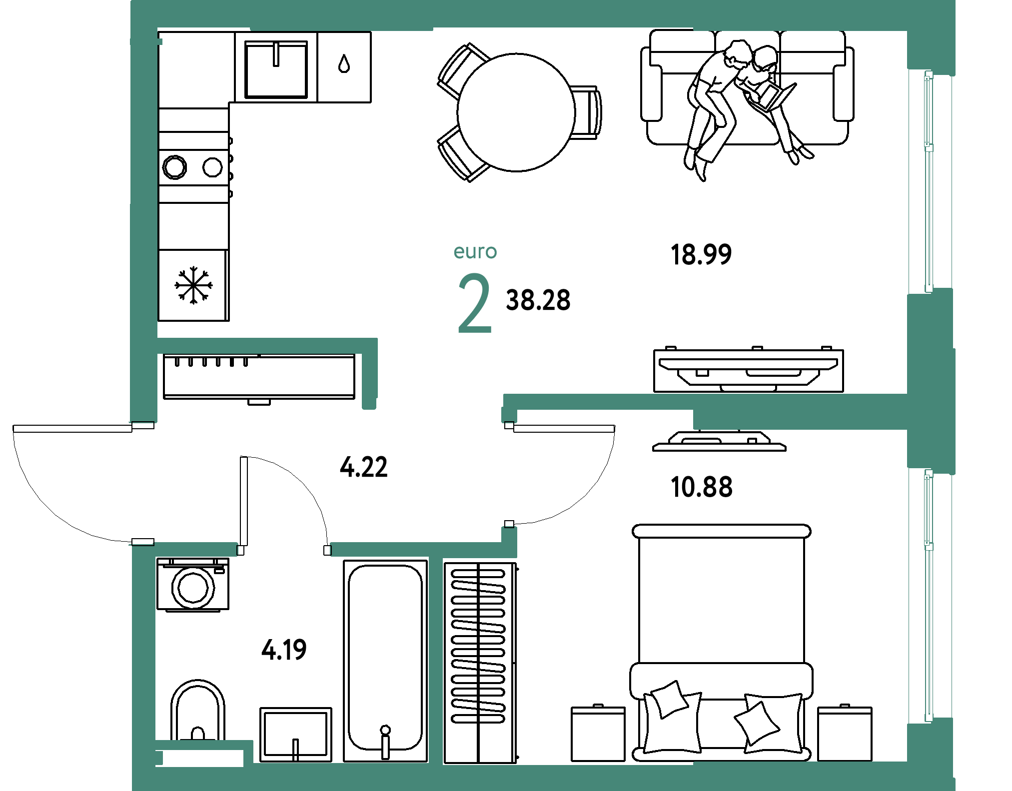 Планировка: Евродвушка 38,28 м² в ЖК «Остров-сад»