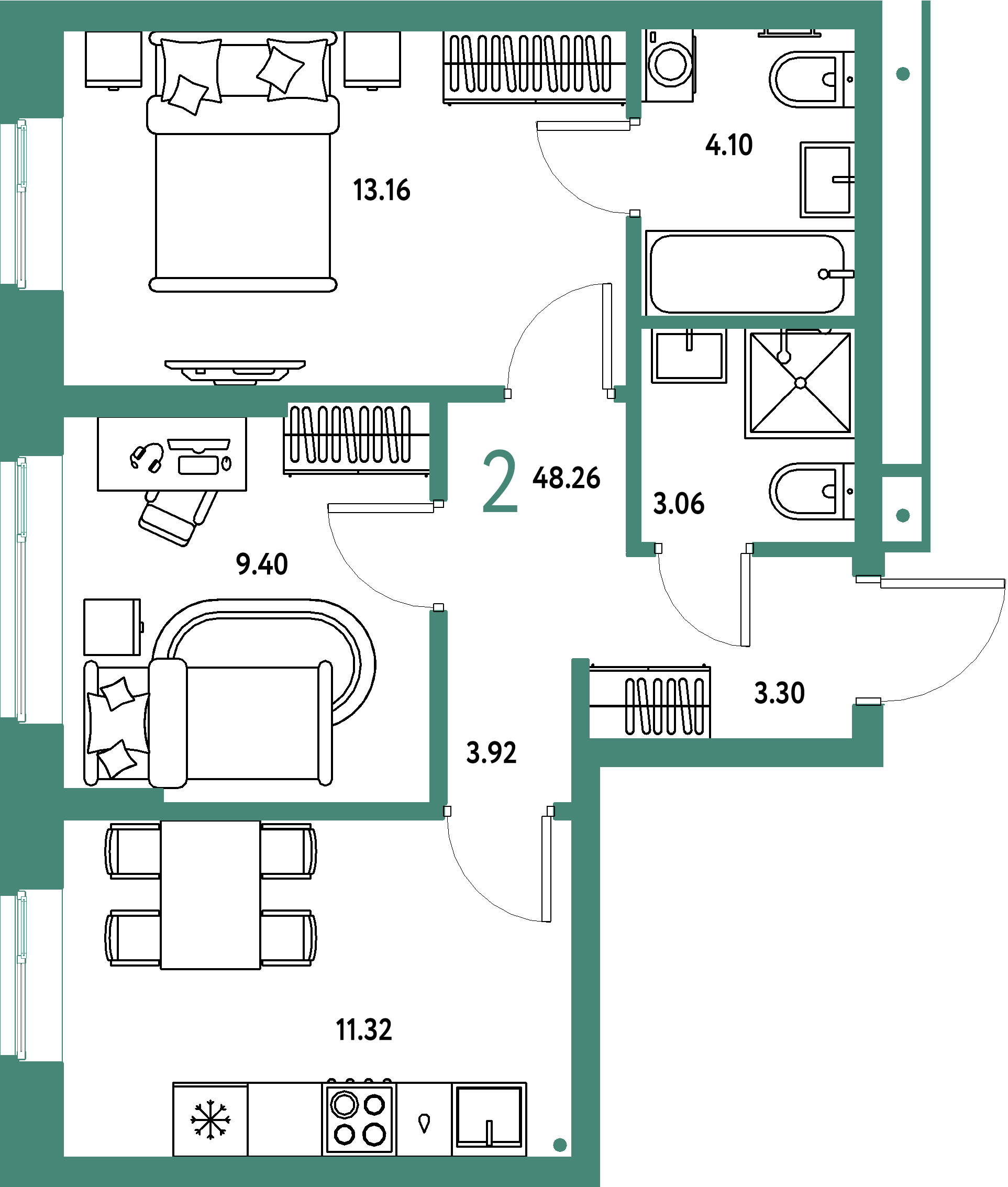 Планировка: 2-комнатная 48,26 м² в ЖК «Домашний»