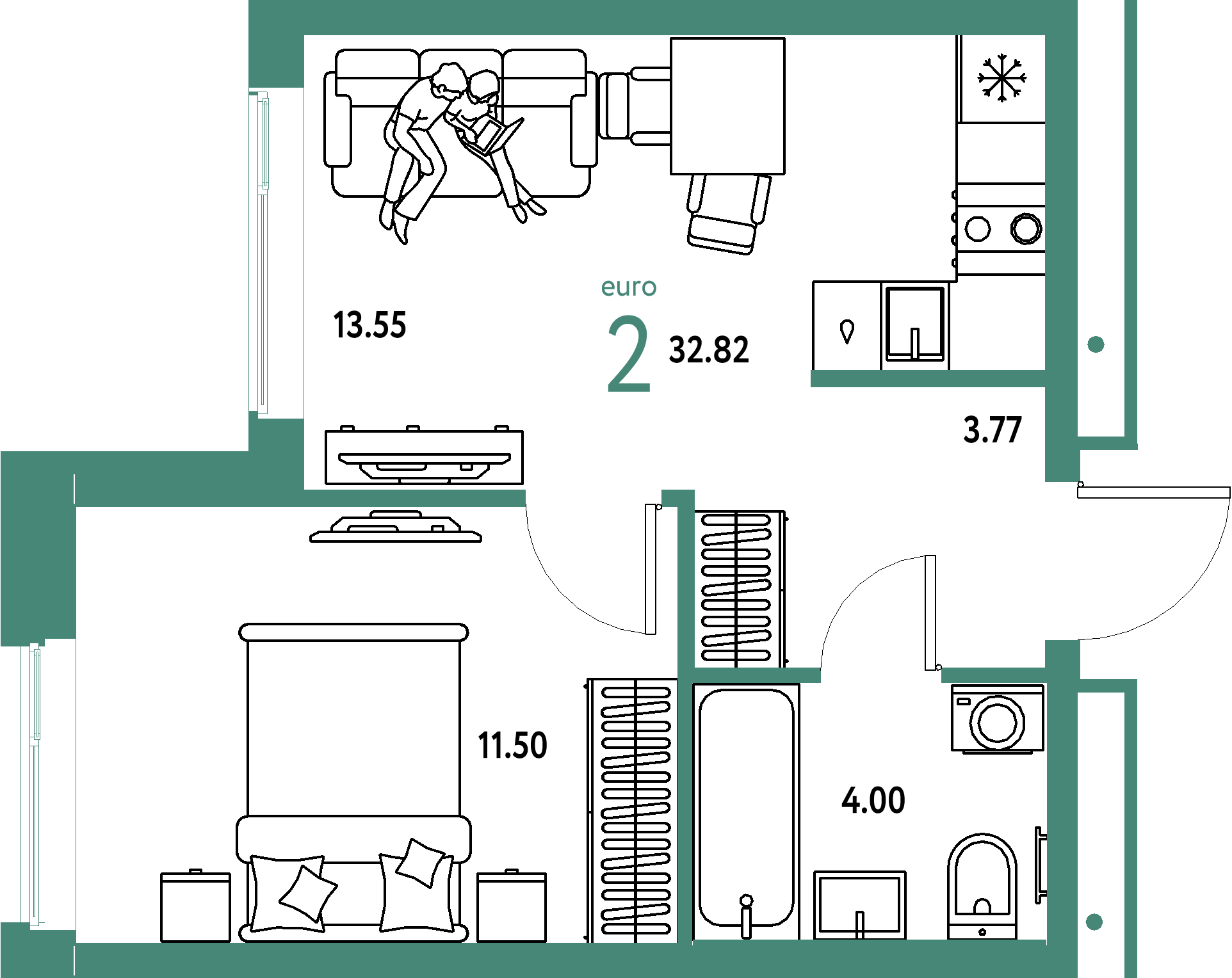 Планировка: Евродвушка 32,82 м² в ЖК «Домашний»