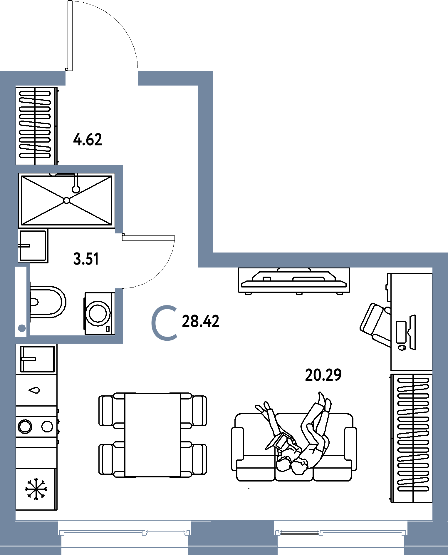 Планировка: Студия 28,42 м² в ЖК «Домашний»