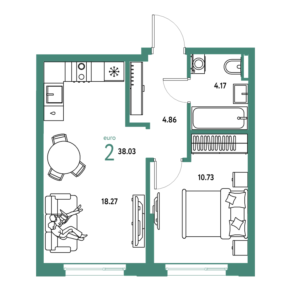 Планировка: Евродвушка 38,03 м²