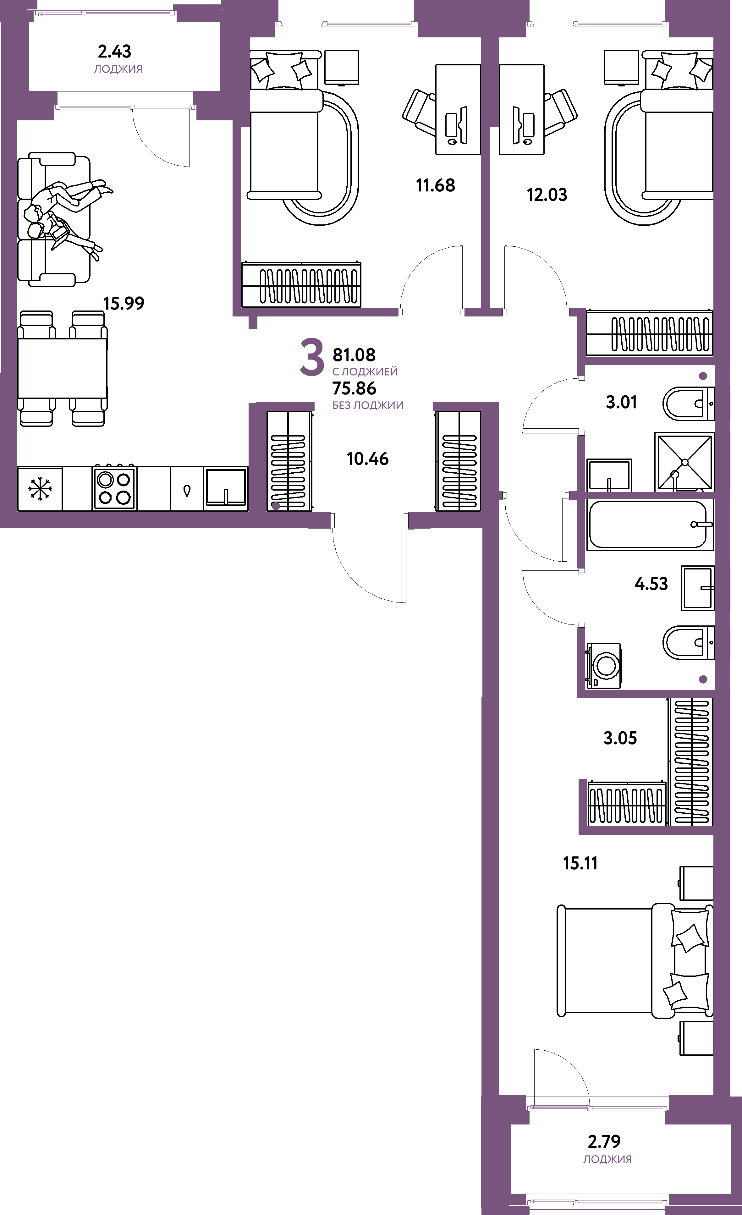 Планировка: 3-комнатная 81,08 м² в ЖК «Европейский берег 2.0»