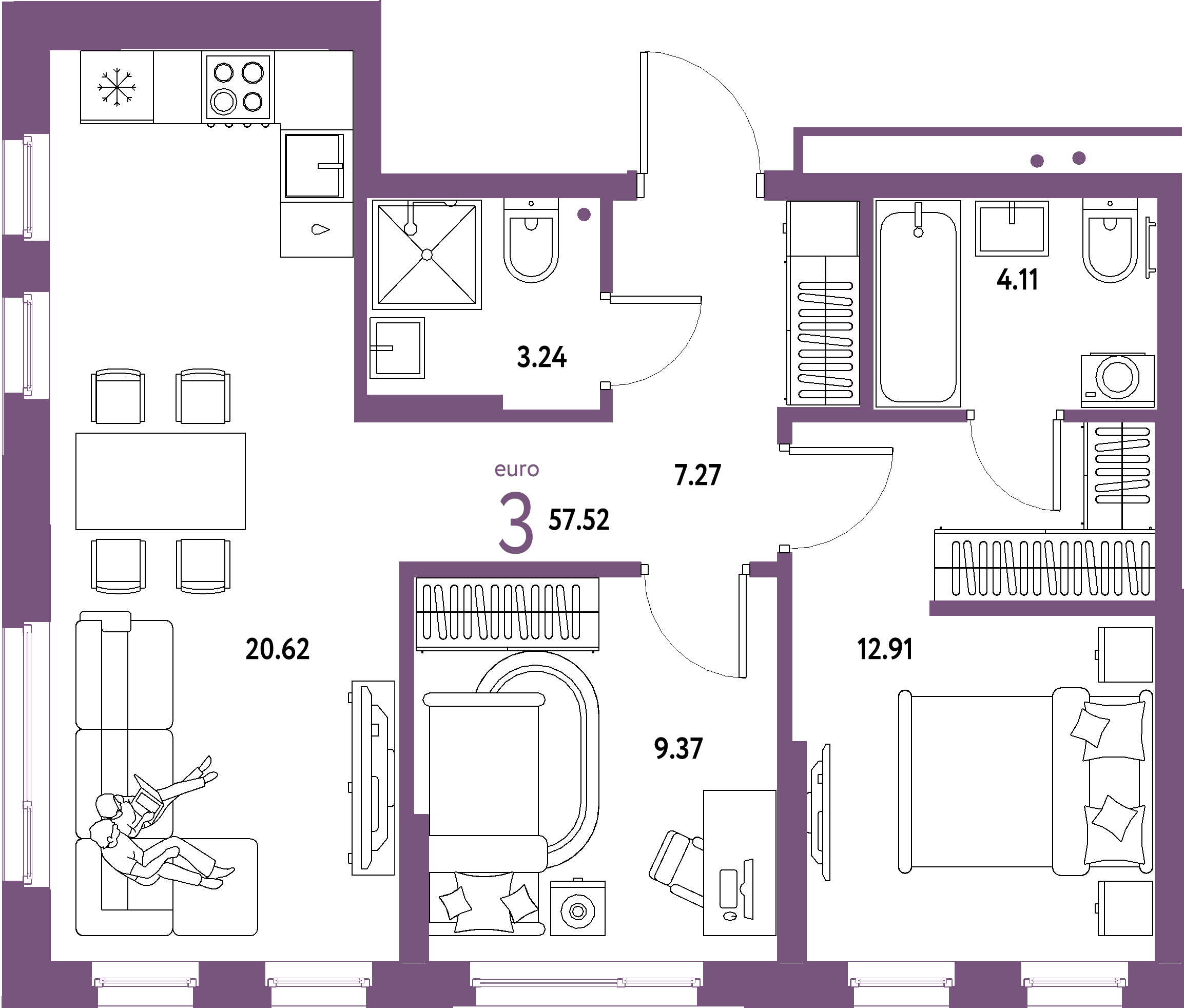 Планировка: Евротрёшка 57,52 м² в ЖК «Домашний»