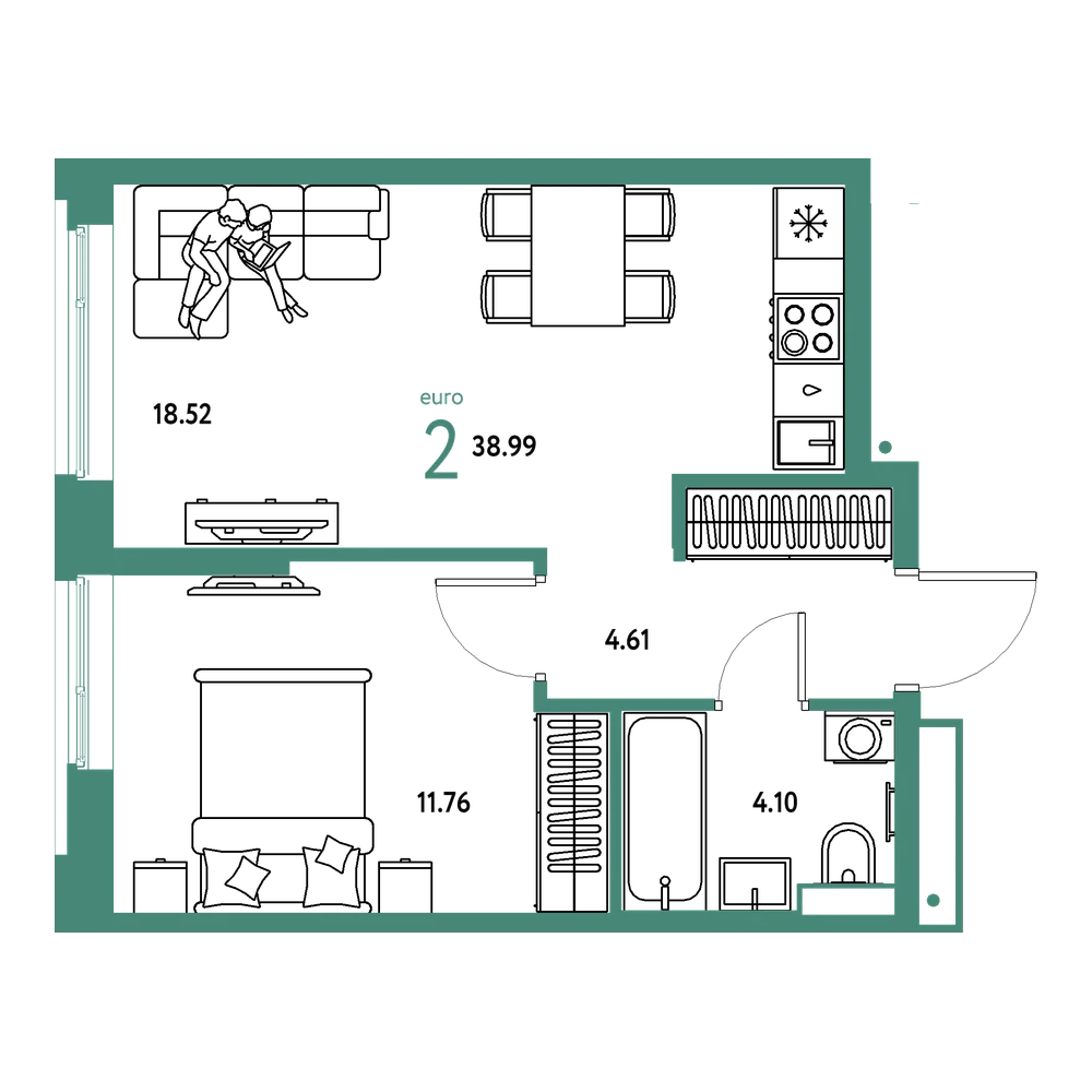 Планировка: Евродвушка 38,99 м²