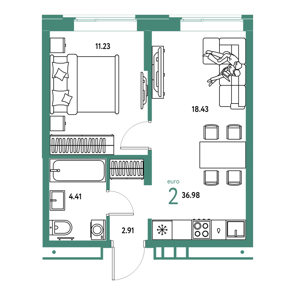 Планировка: Евродвушка 36,98 м²