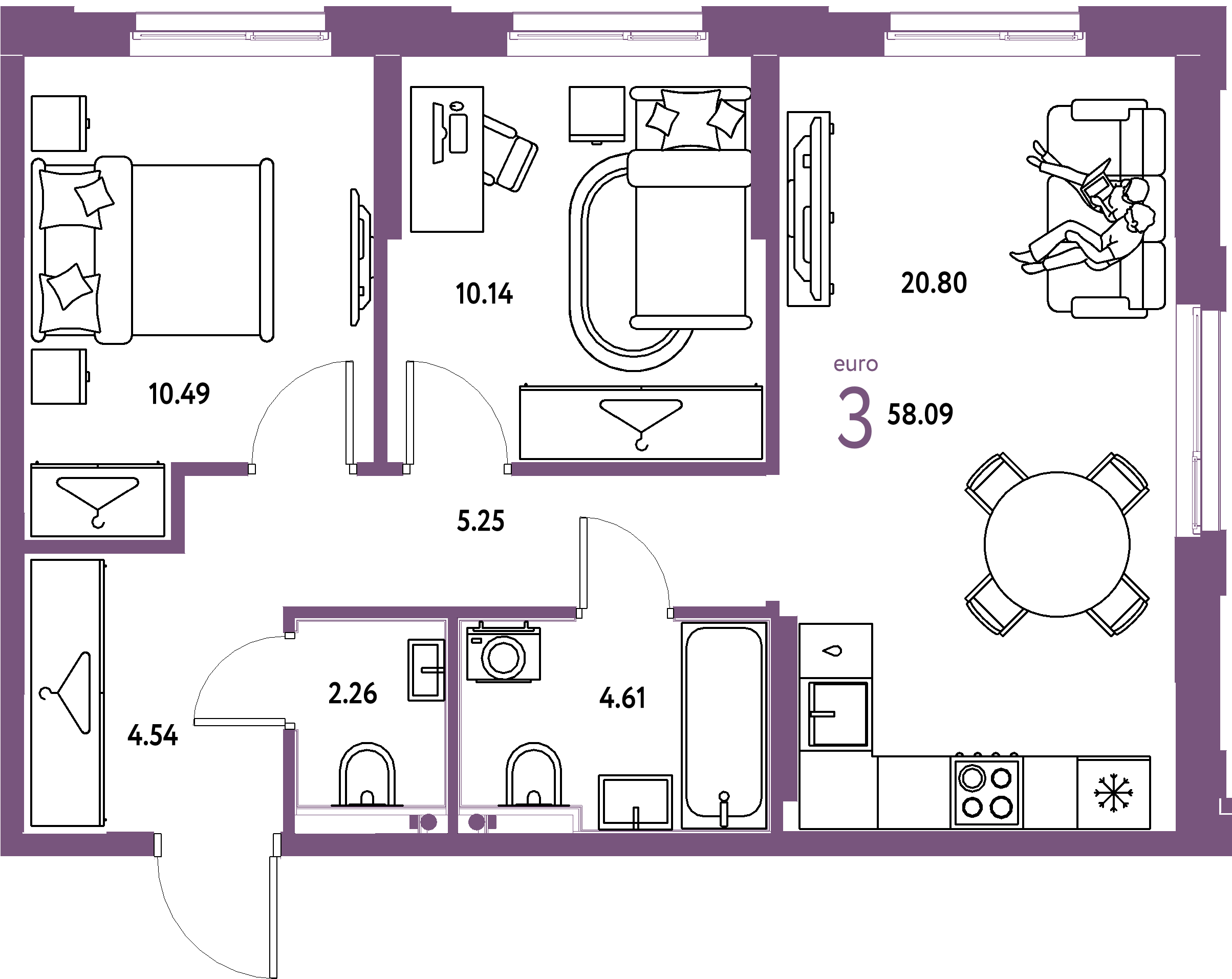 Планировка: Евротрёшка 58,09 м² в ЖК «Европейский берег 2.0»