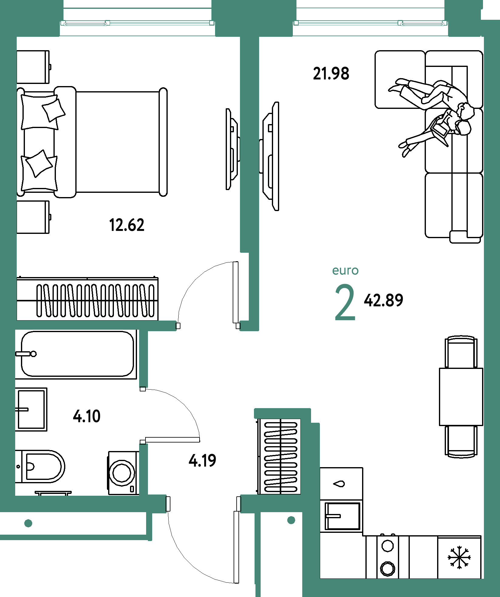 Планировка: Евродвушка 42,89 м² в ЖК «Домашний»