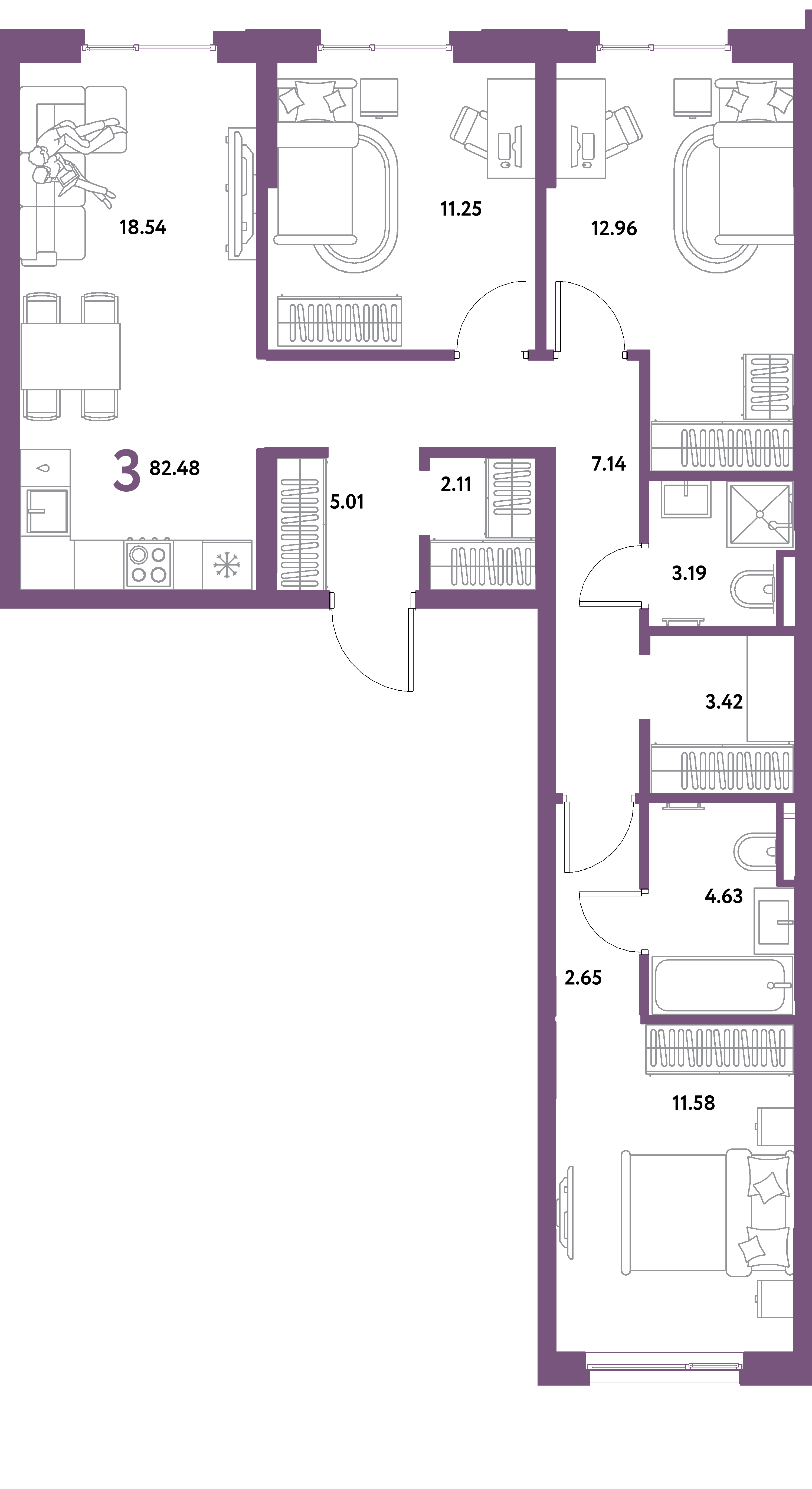 Планировка: 3-комнатная 82,48 м² в ЖК «Остров-сад»