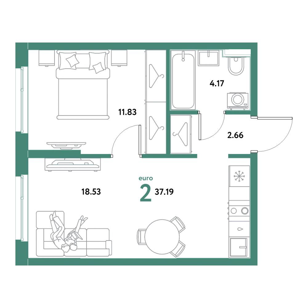 Планировка: Евродвушка 37,19 м²