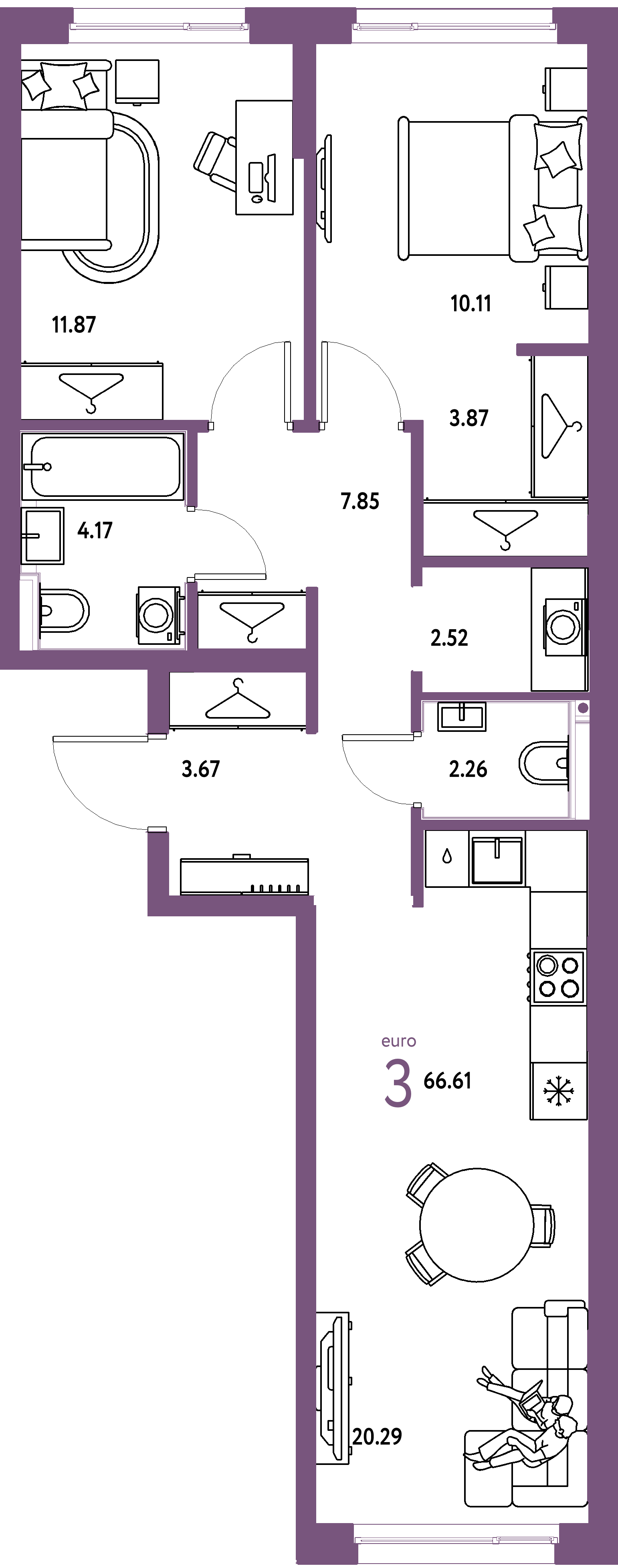 Планировка: Евротрёшка 66,61 м² в ЖК «Страна.Прибрежная»