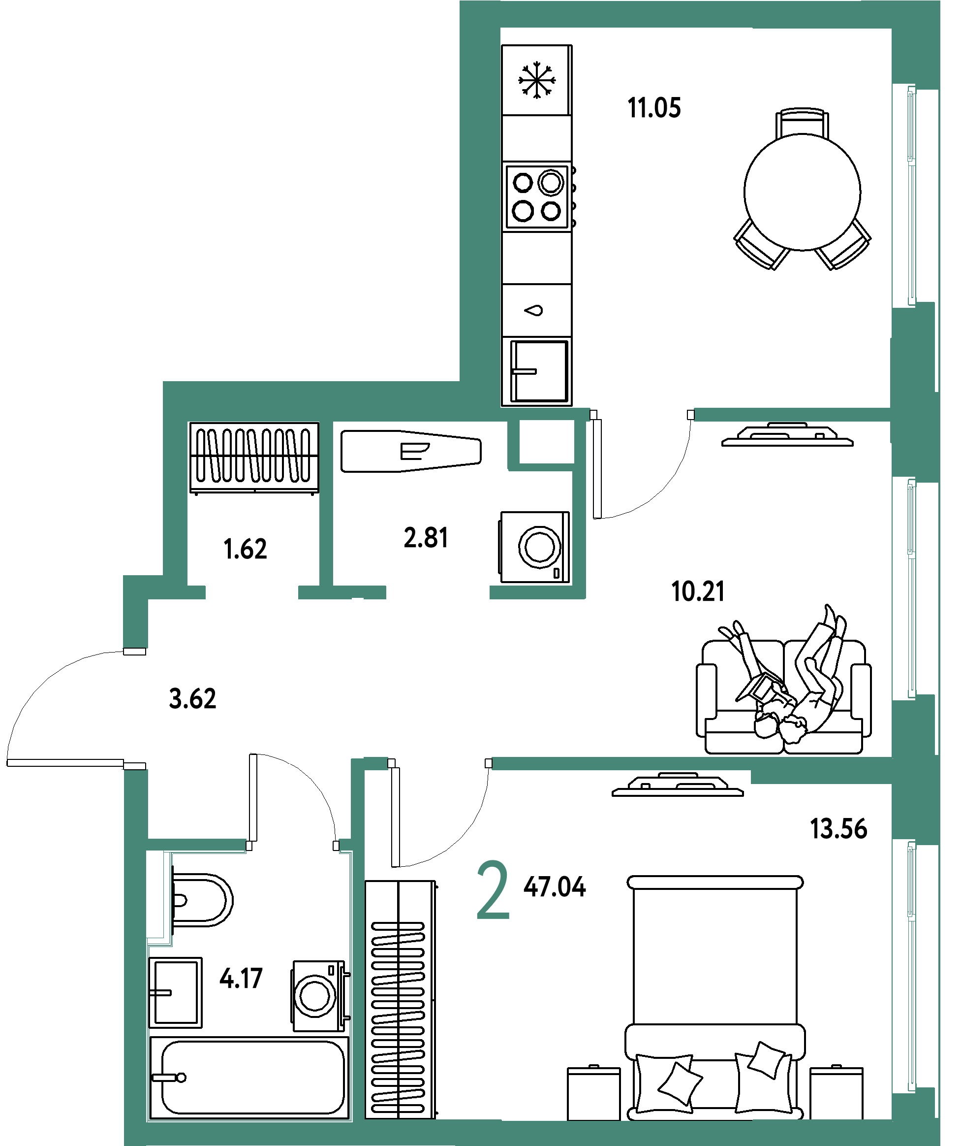 Планировка: 2-комнатная 47,04 м² в ЖК «Сердце Сибири»