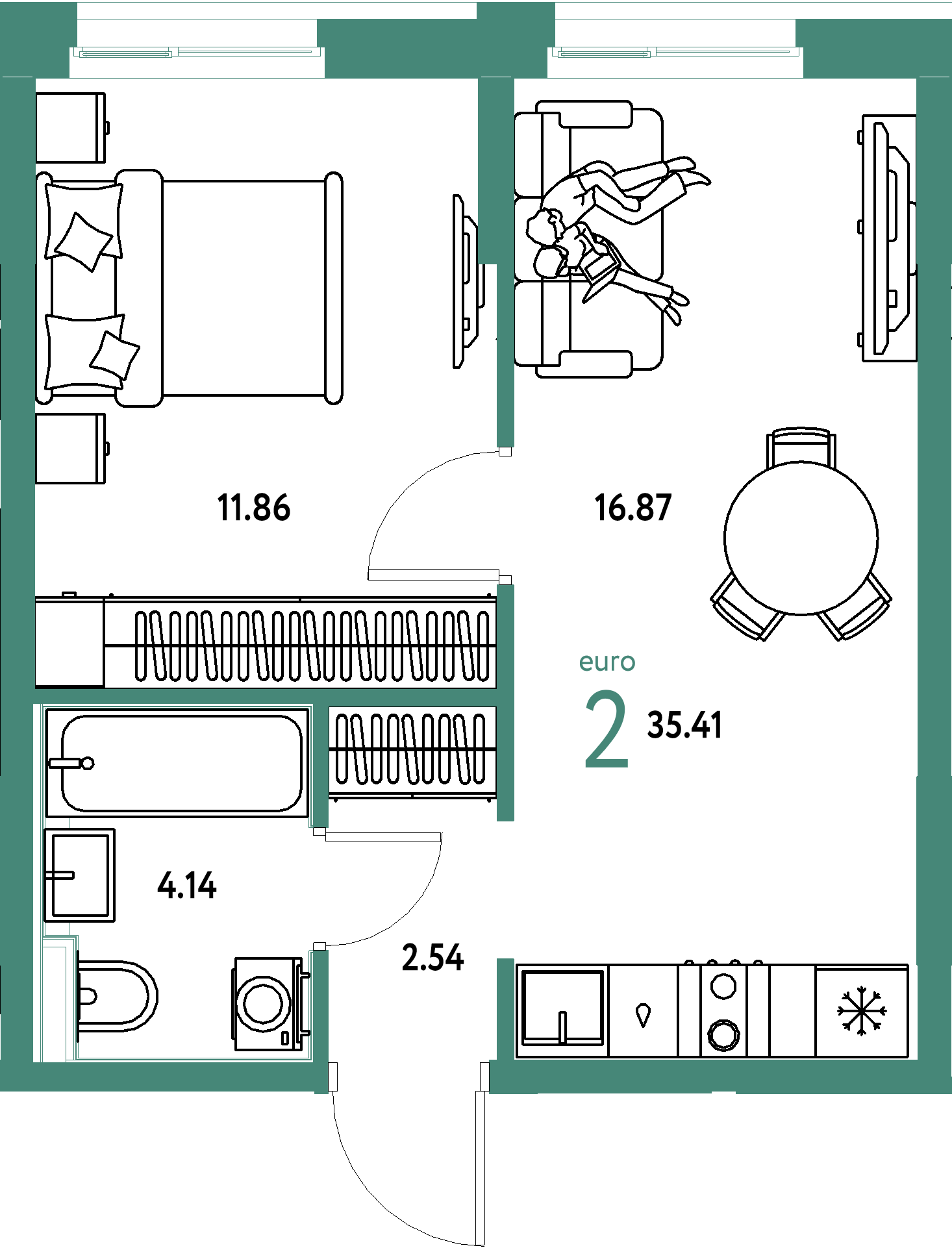 Планировка: Евродвушка 35,41 м² в ЖК «Домашний»