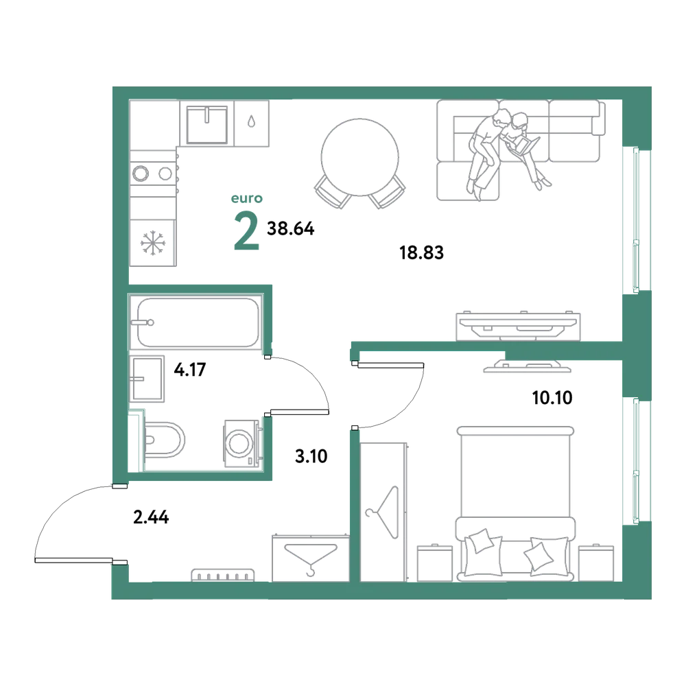Планировка: Евродвушка 38,64 м²