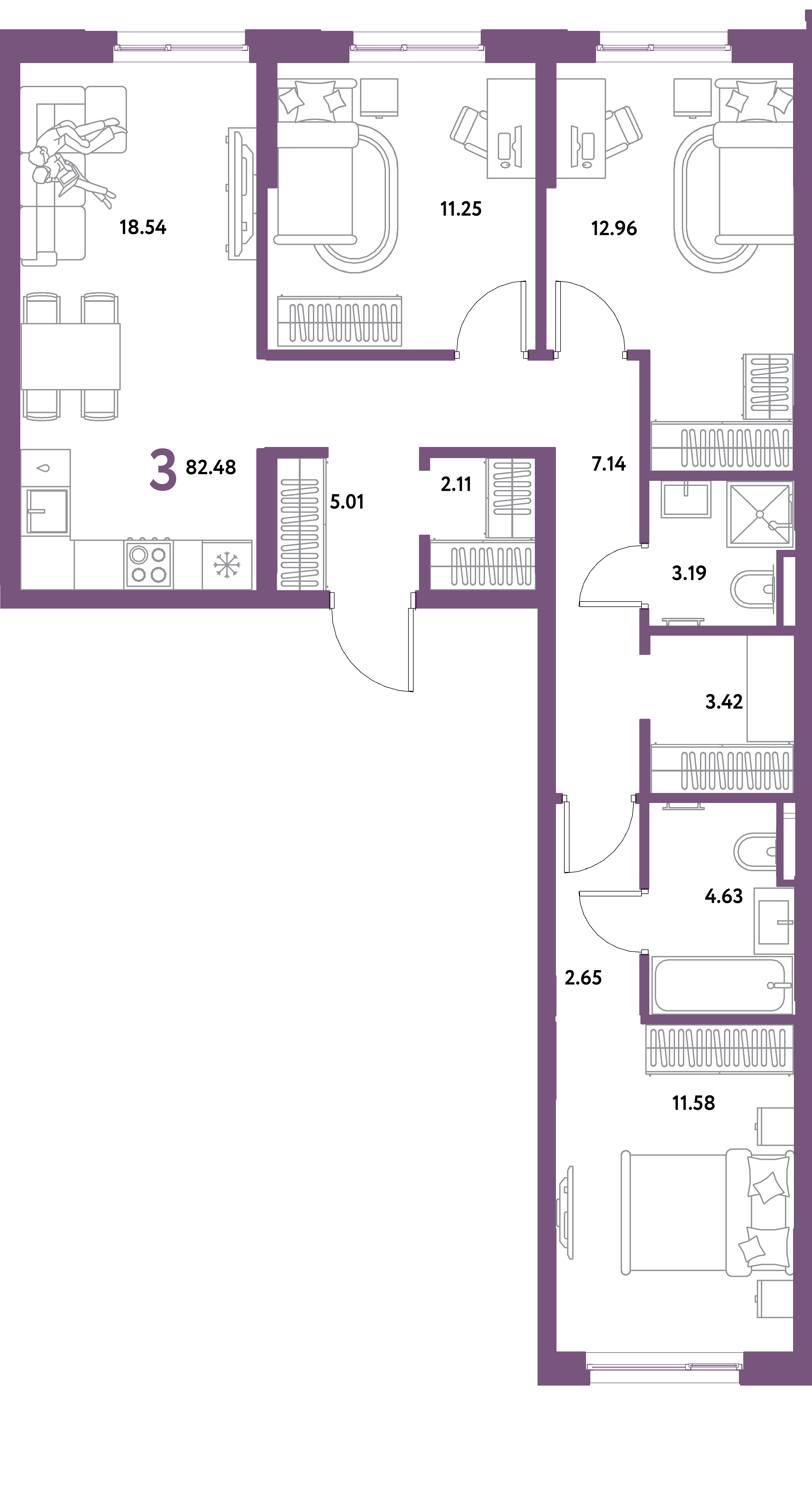 Планировка: 3-комнатная 82,48 м² в ЖК «Остров-сад»