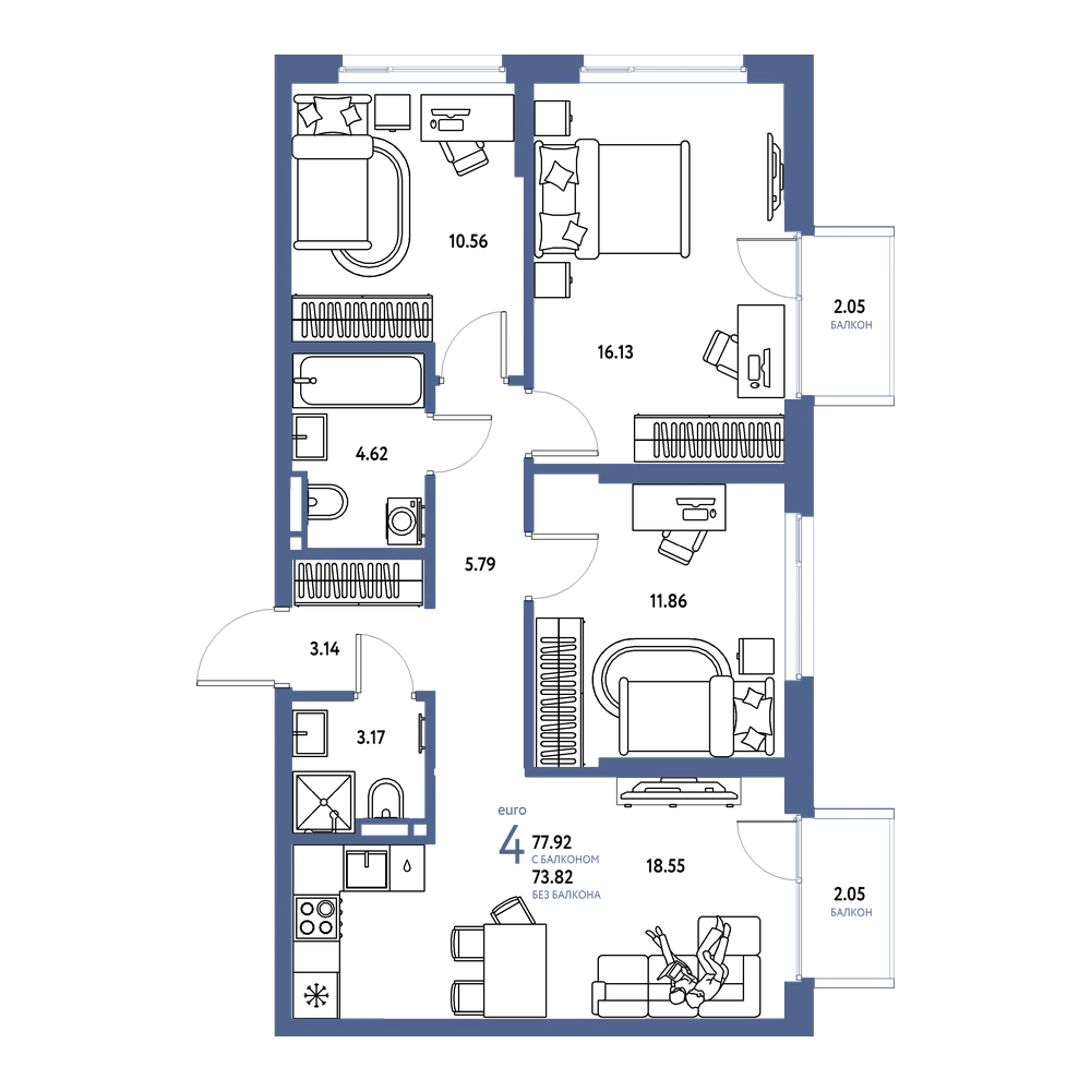 Планировка: Евро-4 77,92 м²