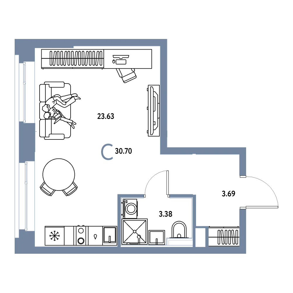 Планировка: Студия 30,7 м²