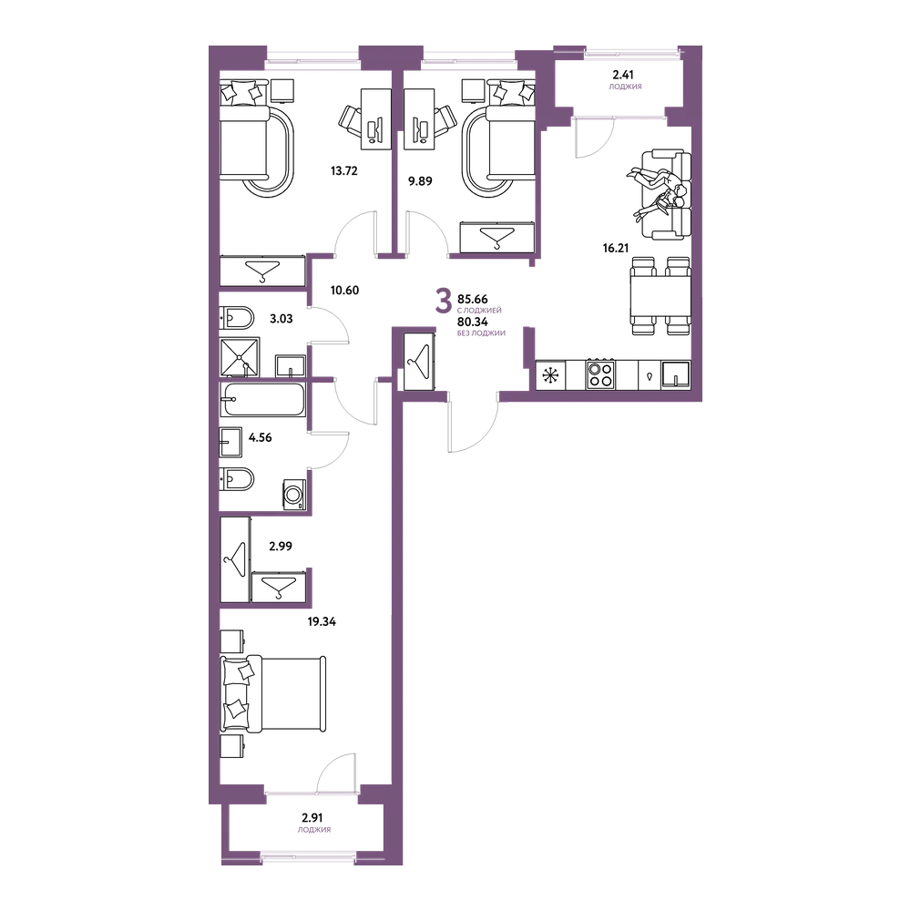 Планировка: 3-комнатная 85,66 м²