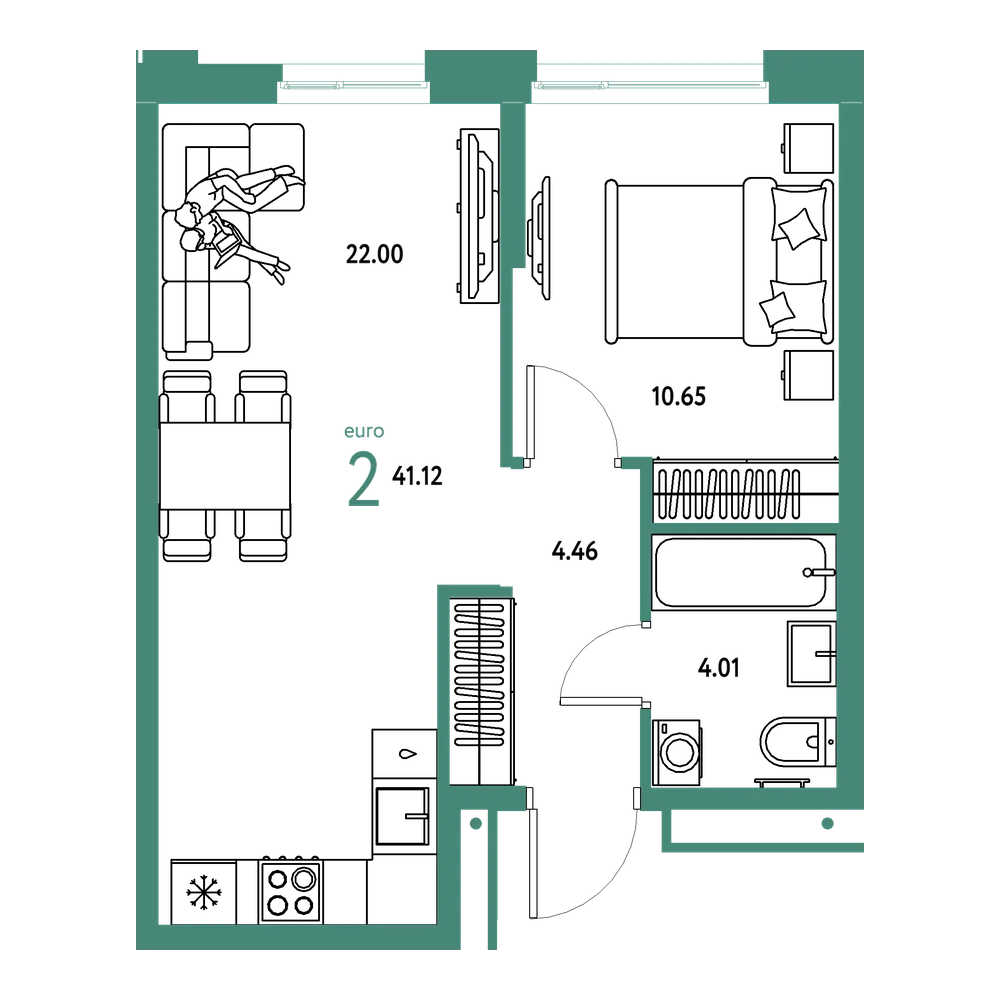 Планировка: Евродвушка 41,12 м²