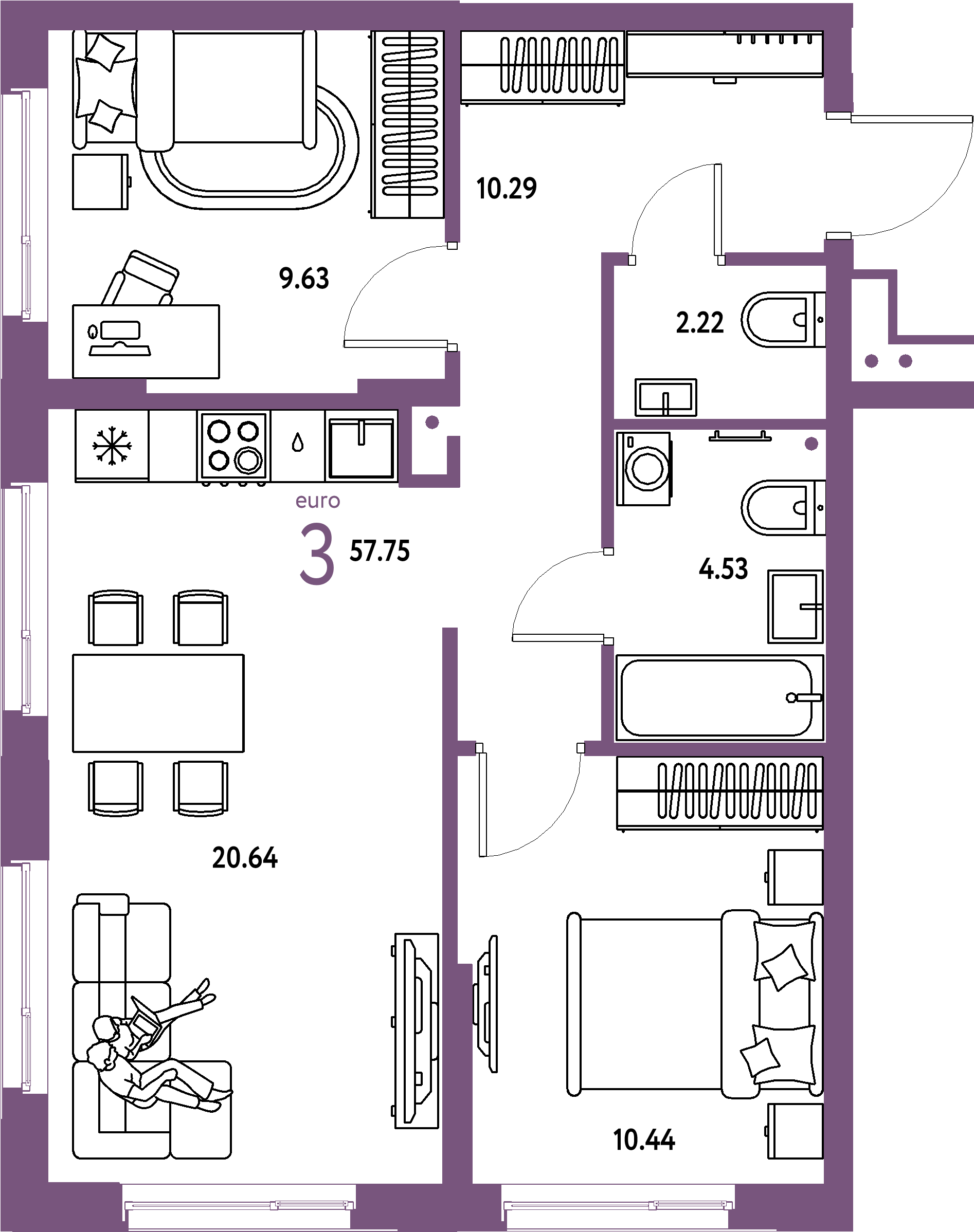 Планировка: Евротрёшка 57,75 м² в ЖК «Домашний»
